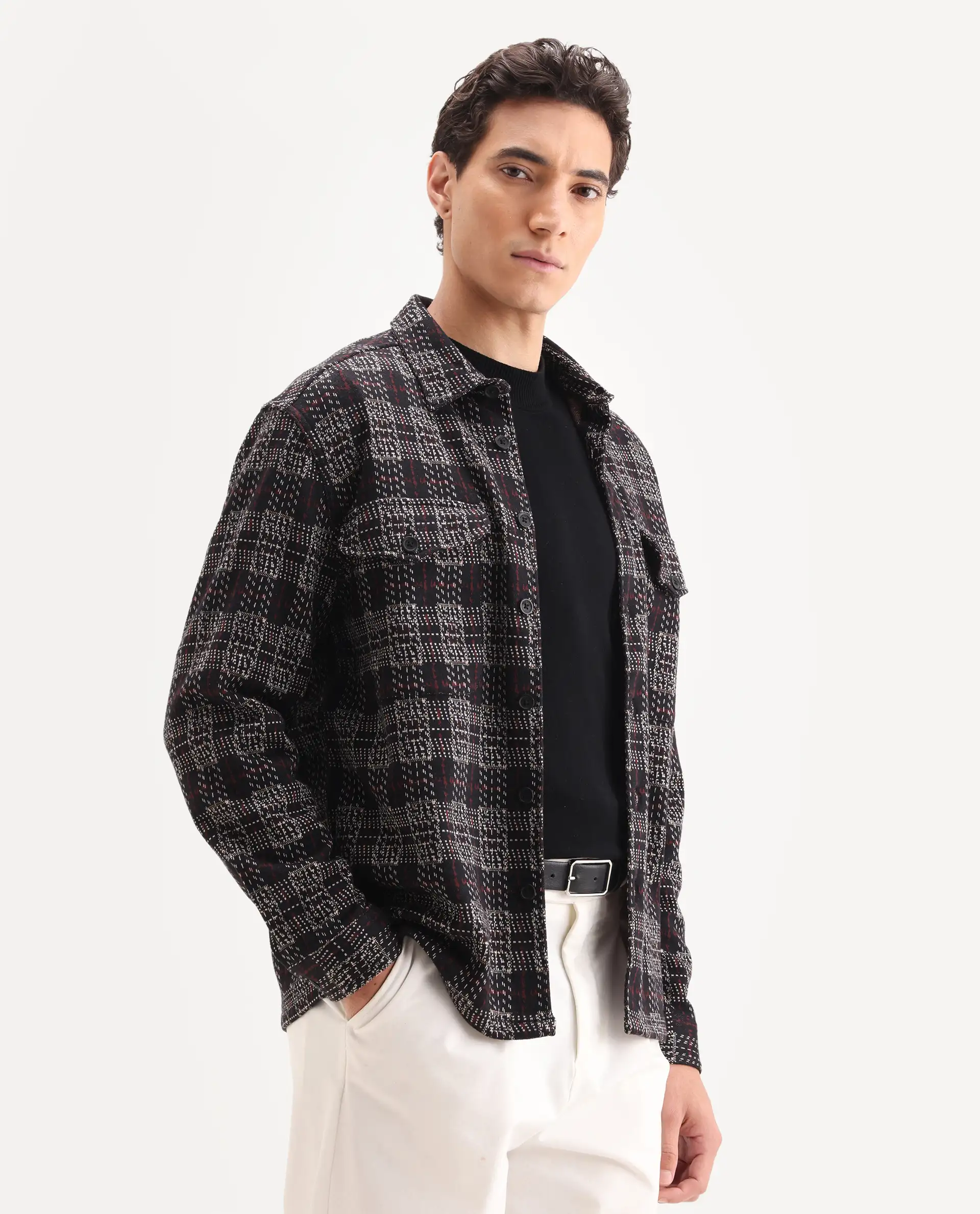 Rare Rabbit Men's Torija Black Cotton Checked Print Relaxed Fit Full Sleeve Collared Shacket - Image 5