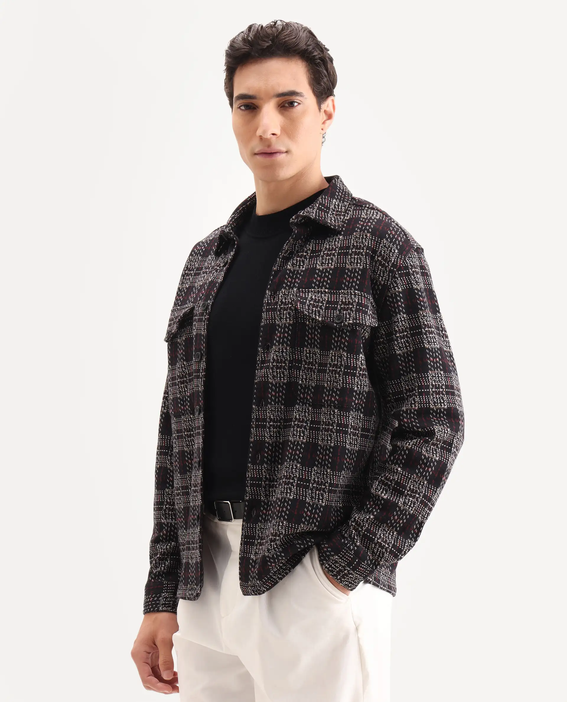 Rare Rabbit Men's Torija Black Cotton Checked Print Relaxed Fit Full Sleeve Collared Shacket - Image 6