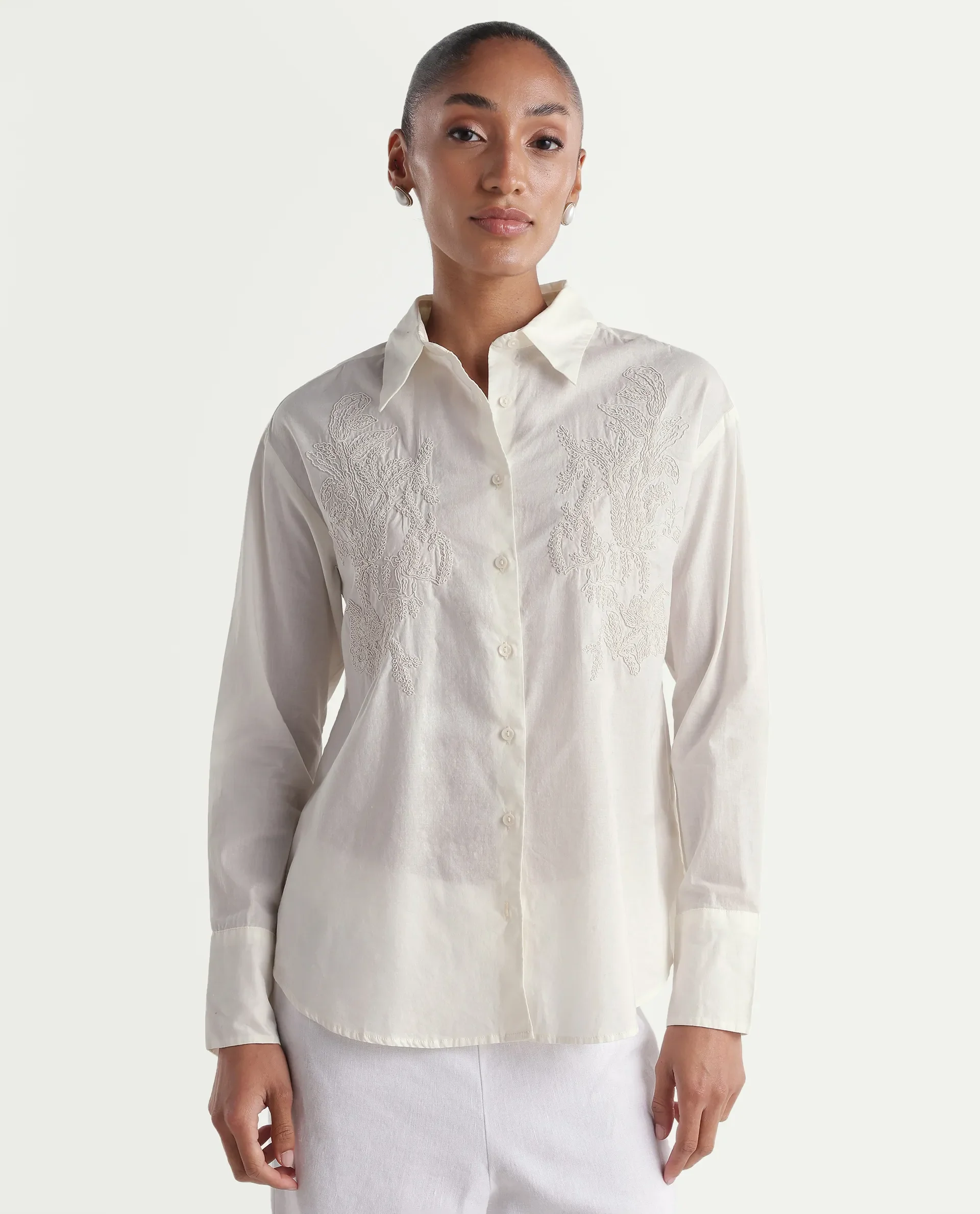 Rareism Women's Torim Light Off White Cotton Spread Collar Button Regular Plain Shirt - Image 3