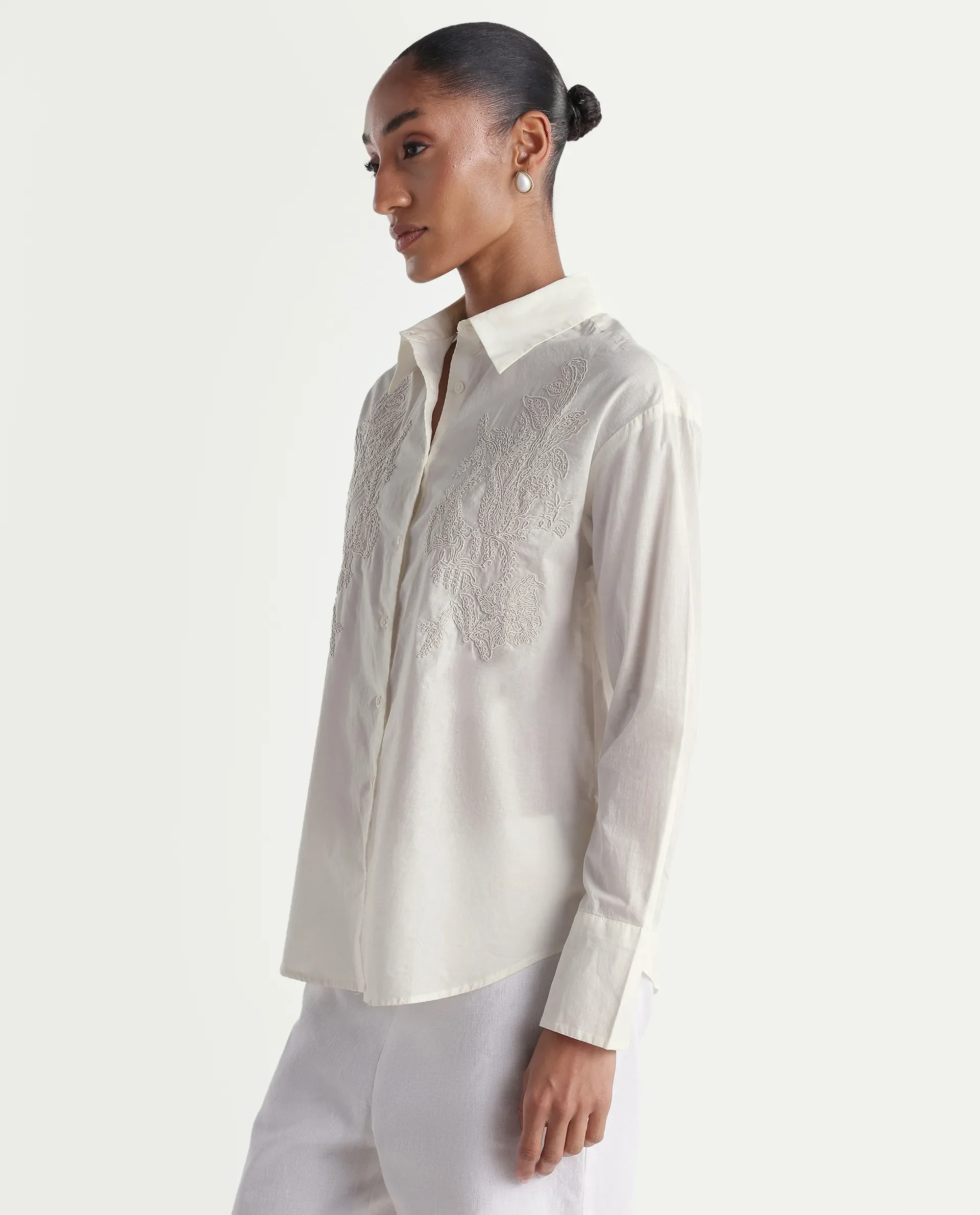 Rareism Women's Torim Light Off White Cotton Spread Collar Button Regular Plain Shirt - Image 5