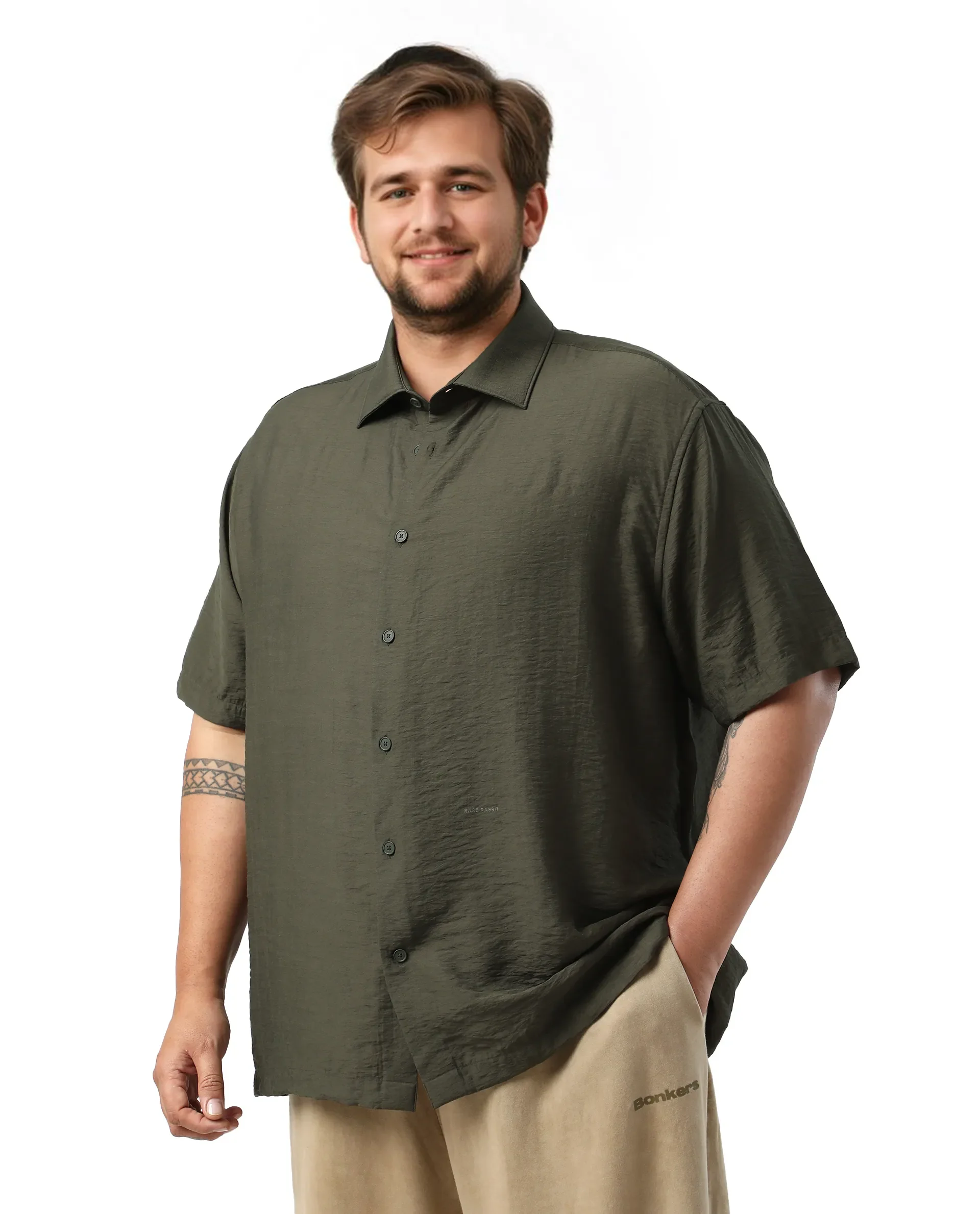 Rare Rabbit Men Torin Big Dark Olive Viscose Blend Fabric Half Sleeve Spread Collar Button Closure Plain Shirt - Image 2