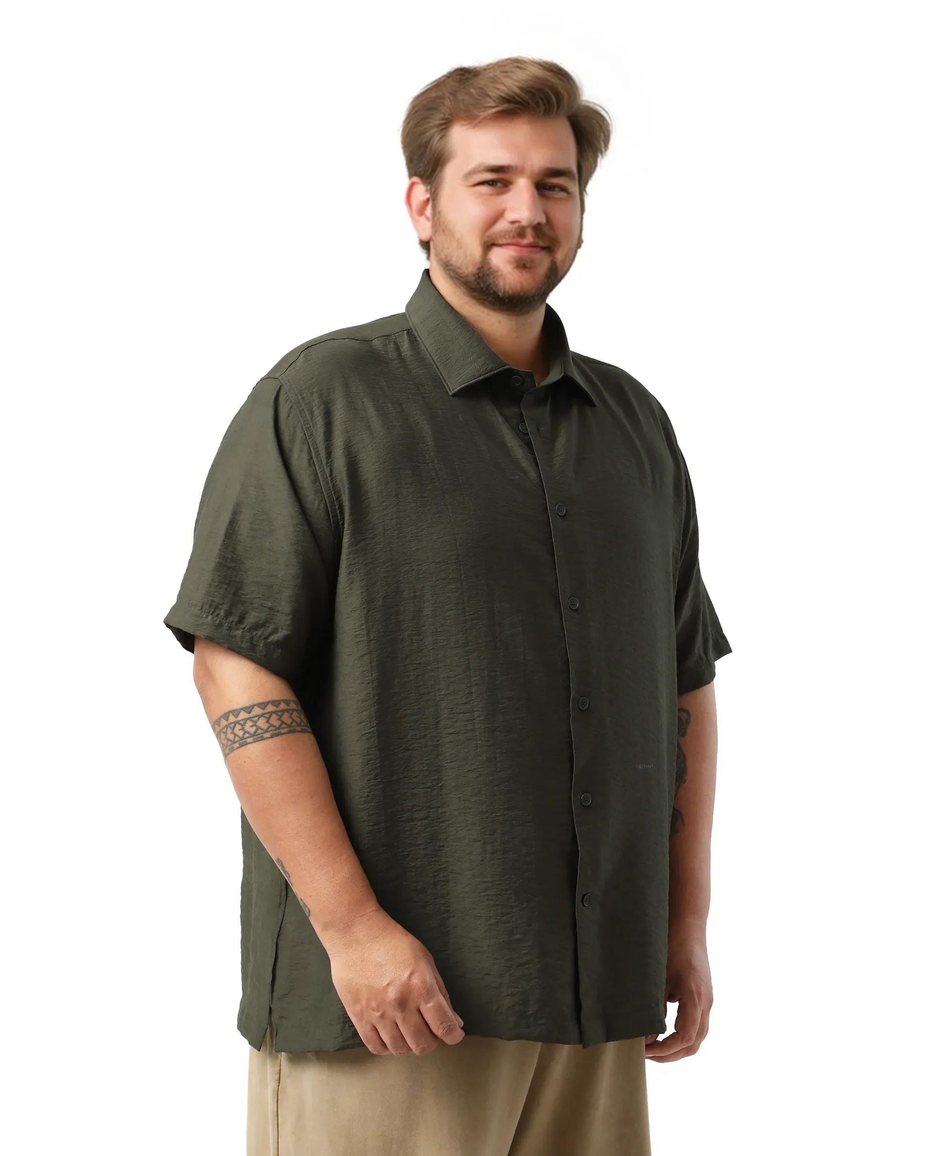 Rare Rabbit Men Torin Big Dark Olive Viscose Blend Fabric Half Sleeve Spread Collar Button Closure Plain Shirt - Image 3