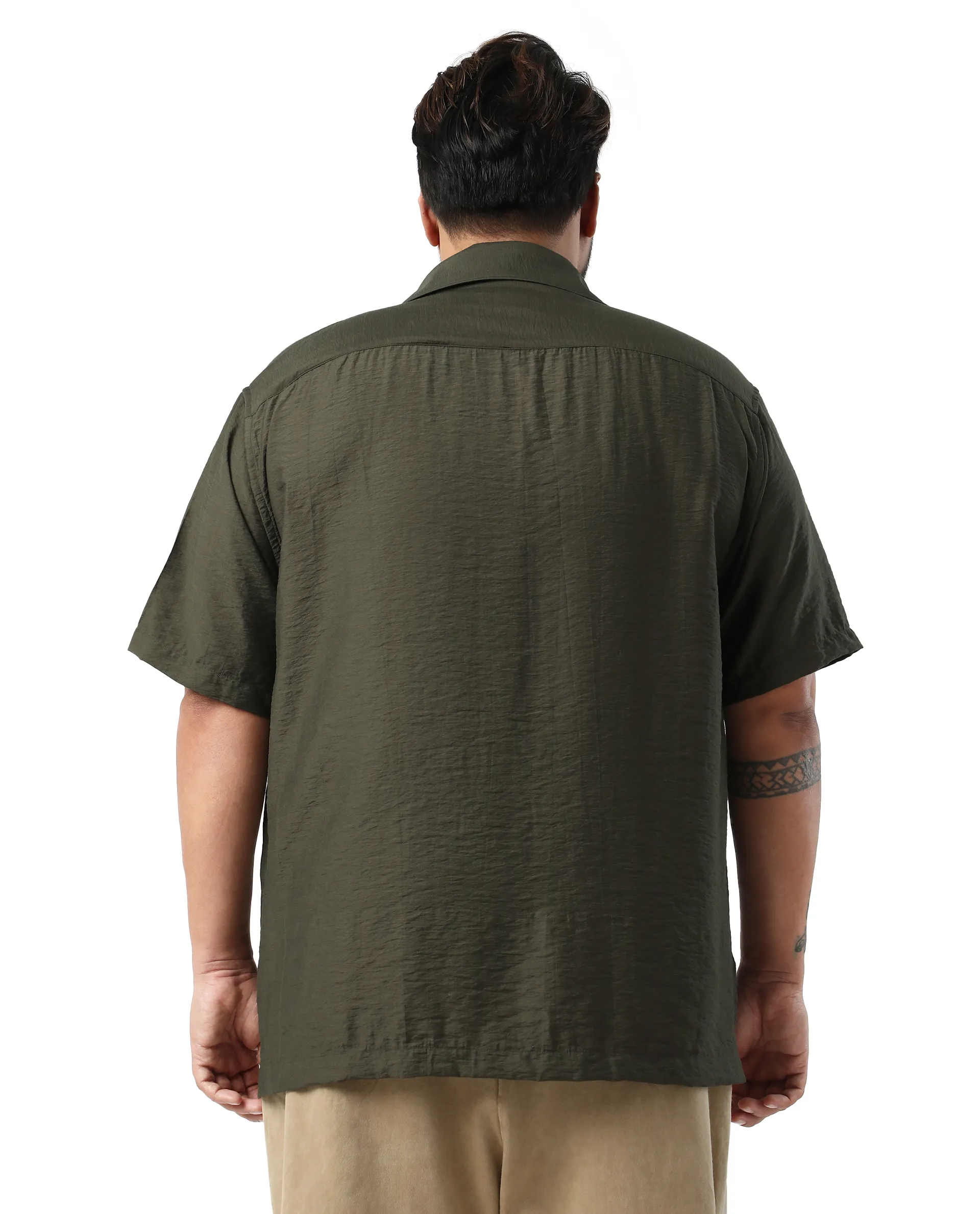 Rare Rabbit Men Torin Big Dark Olive Viscose Blend Fabric Half Sleeve Spread Collar Button Closure Plain Shirt - Image 4