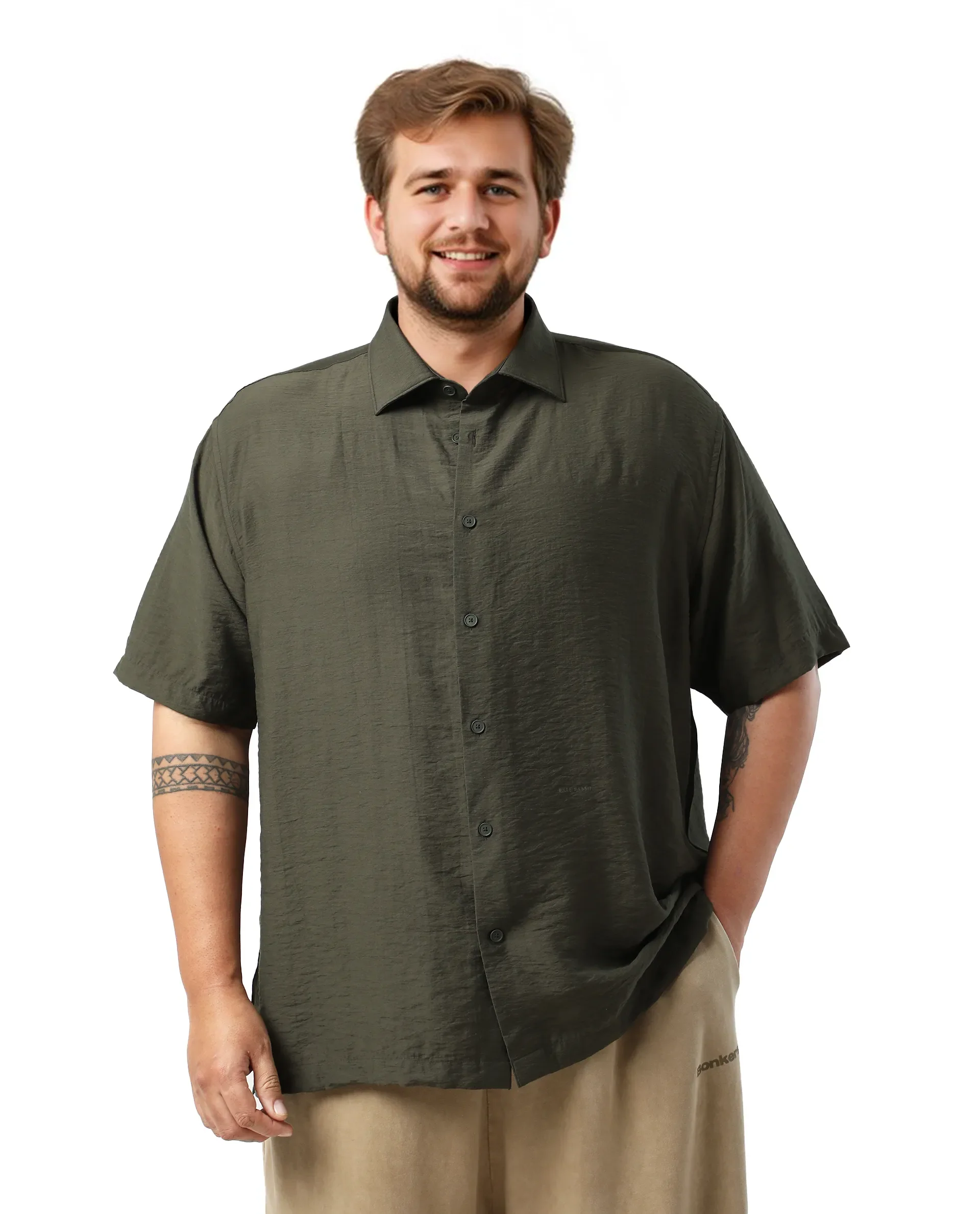 Rare Rabbit Men Torin Big Dark Olive Viscose Blend Fabric Half Sleeve Spread Collar Button Closure Plain Shirt - Image 5
