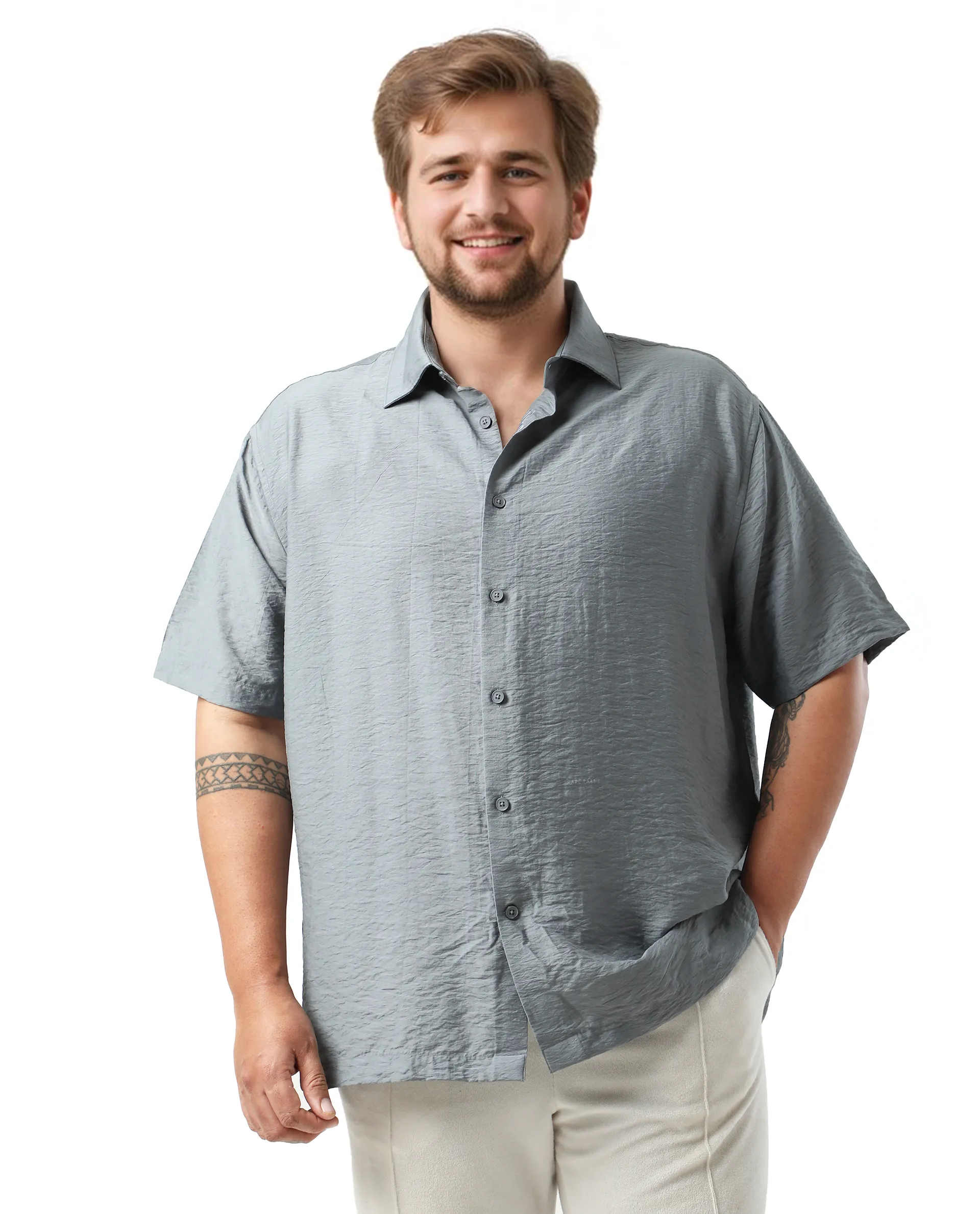 Rare Rabbit Men Torin Big Dusky Blue Viscose Blend Fabric Half Sleeve Spread Collar Button Closure Plain Shirt - Image 3
