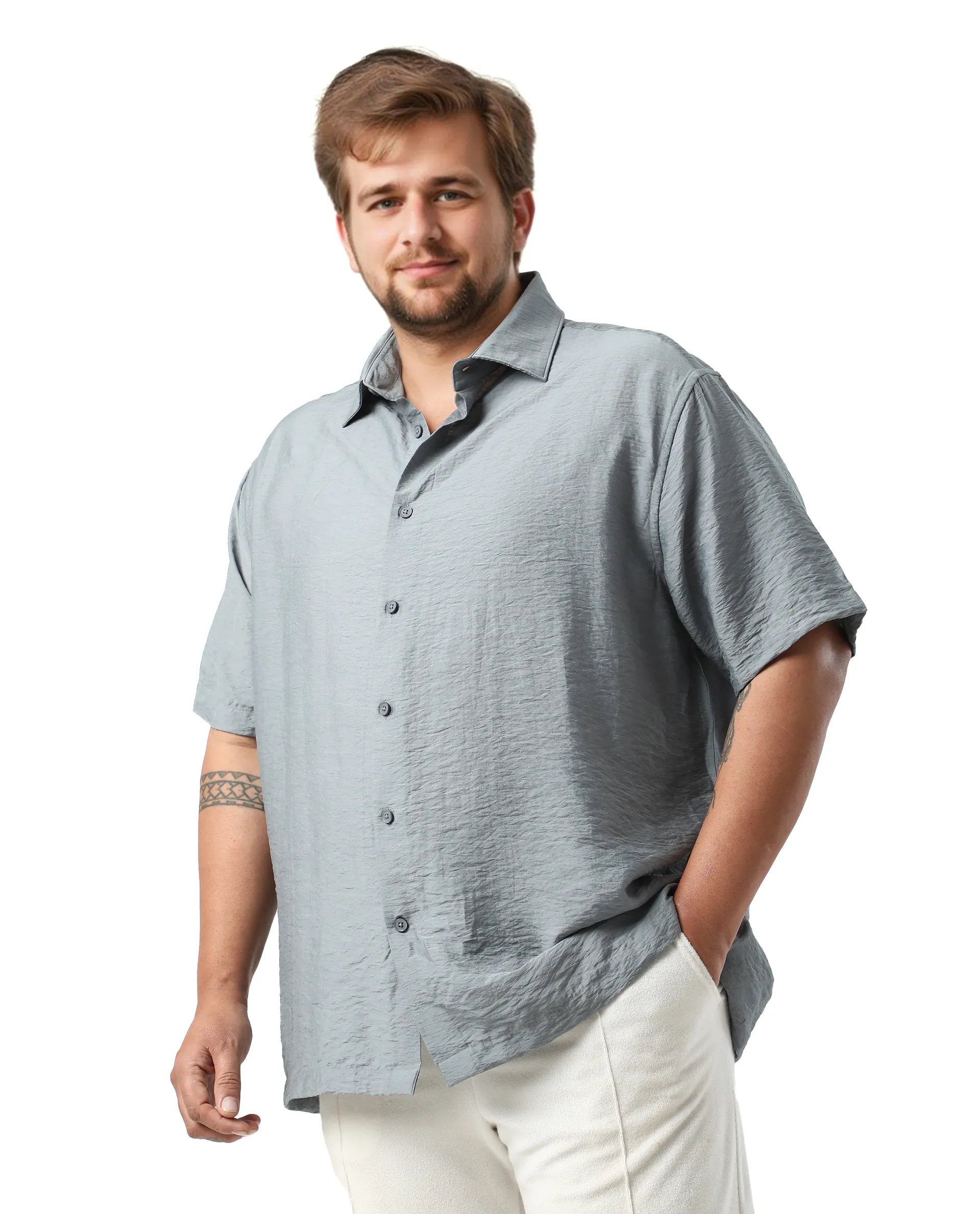 Rare Rabbit Men Torin Big Dusky Blue Viscose Blend Fabric Half Sleeve Spread Collar Button Closure Plain Shirt - Image 4