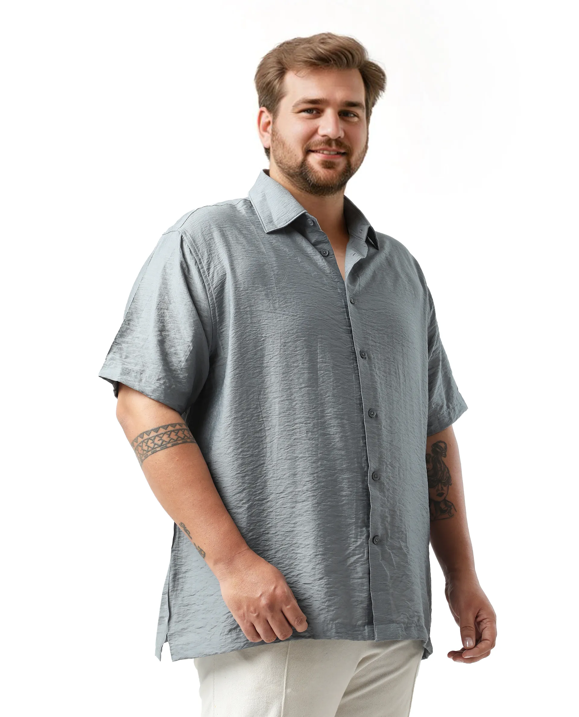 Rare Rabbit Men Torin Big Dusky Blue Viscose Blend Fabric Half Sleeve Spread Collar Button Closure Plain Shirt - Image 5