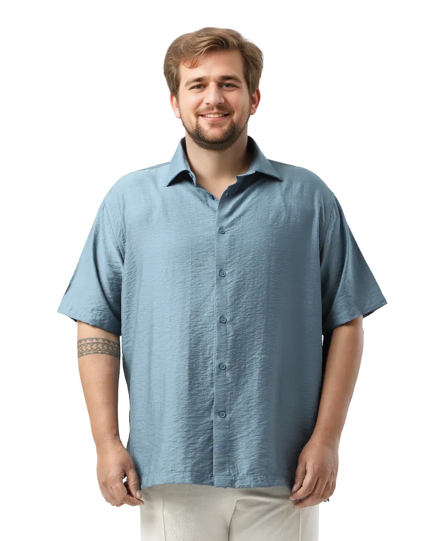 Rare Rabbit Men Torin Big Light Blue Viscose Blend Fabric Half Sleeve Spread Collar Button Closure Plain Shirt - Image 4