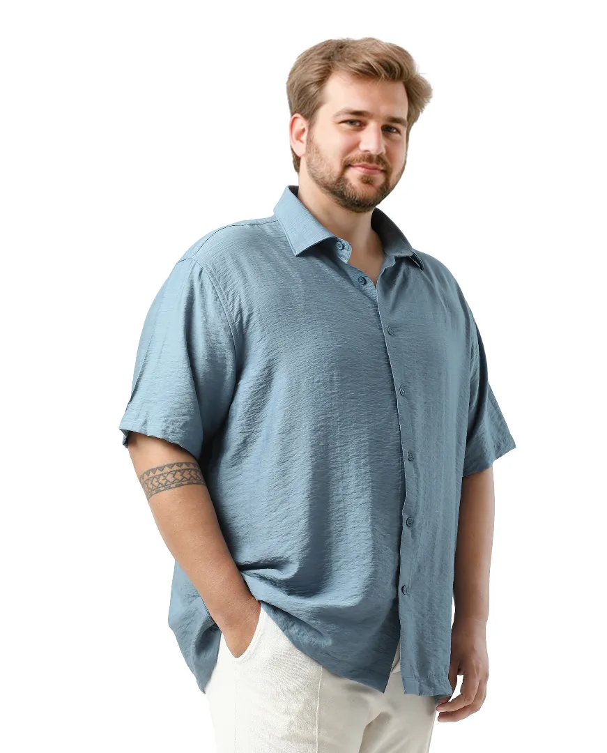 Rare Rabbit Men Torin Big Light Blue Viscose Blend Fabric Half Sleeve Spread Collar Button Closure Plain Shirt - Image 6