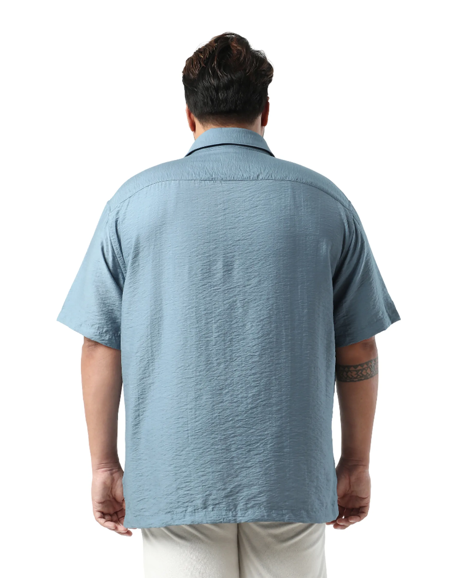 Rare Rabbit Men Torin Big Light Blue Viscose Blend Fabric Half Sleeve Spread Collar Button Closure Plain Shirt - Image 7