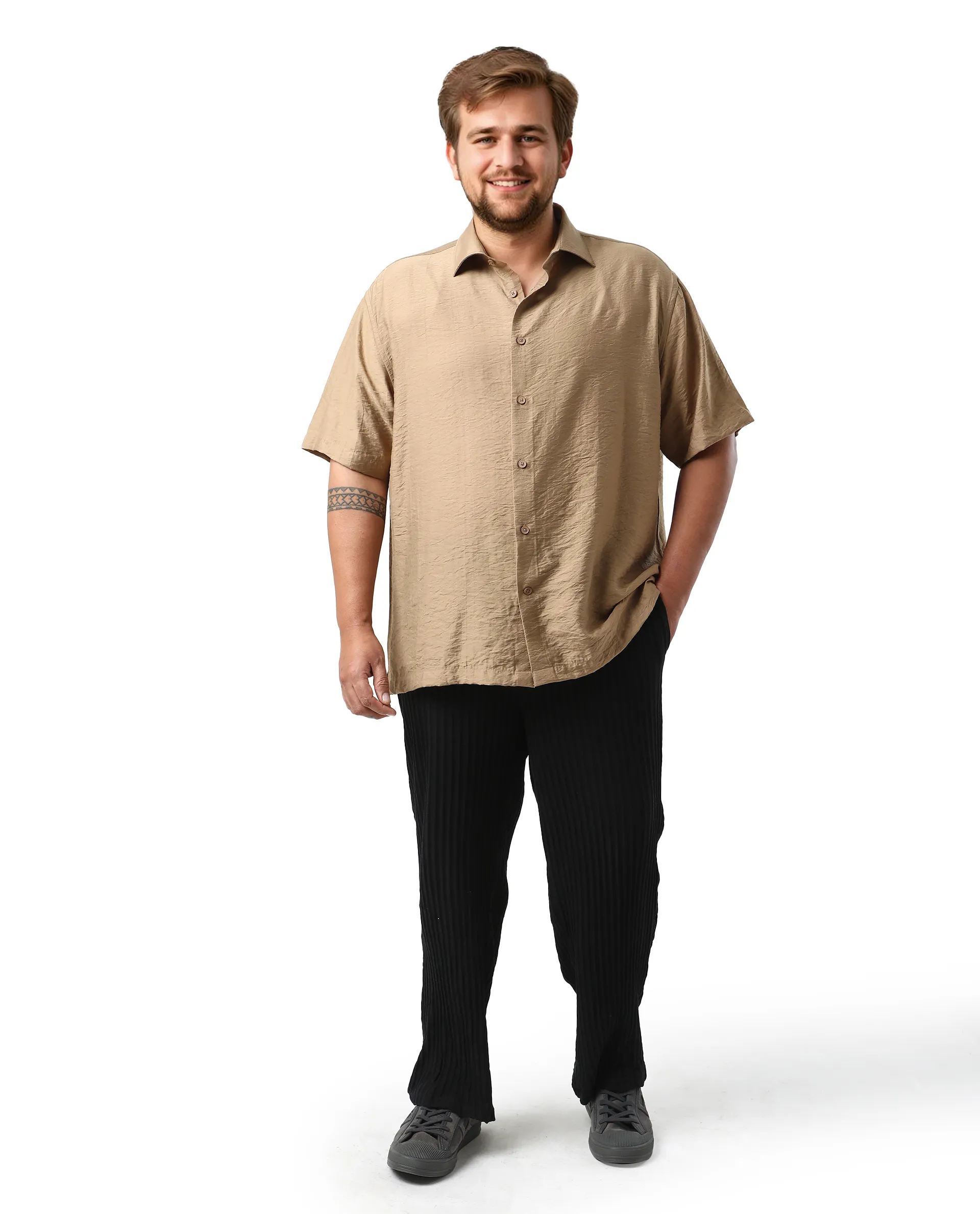 Rare Rabbit Men Torin Big Pastel Brown Viscose Blend Fabric Half Sleeve Spread Collar Button Closure Plain Shirt - Image 2