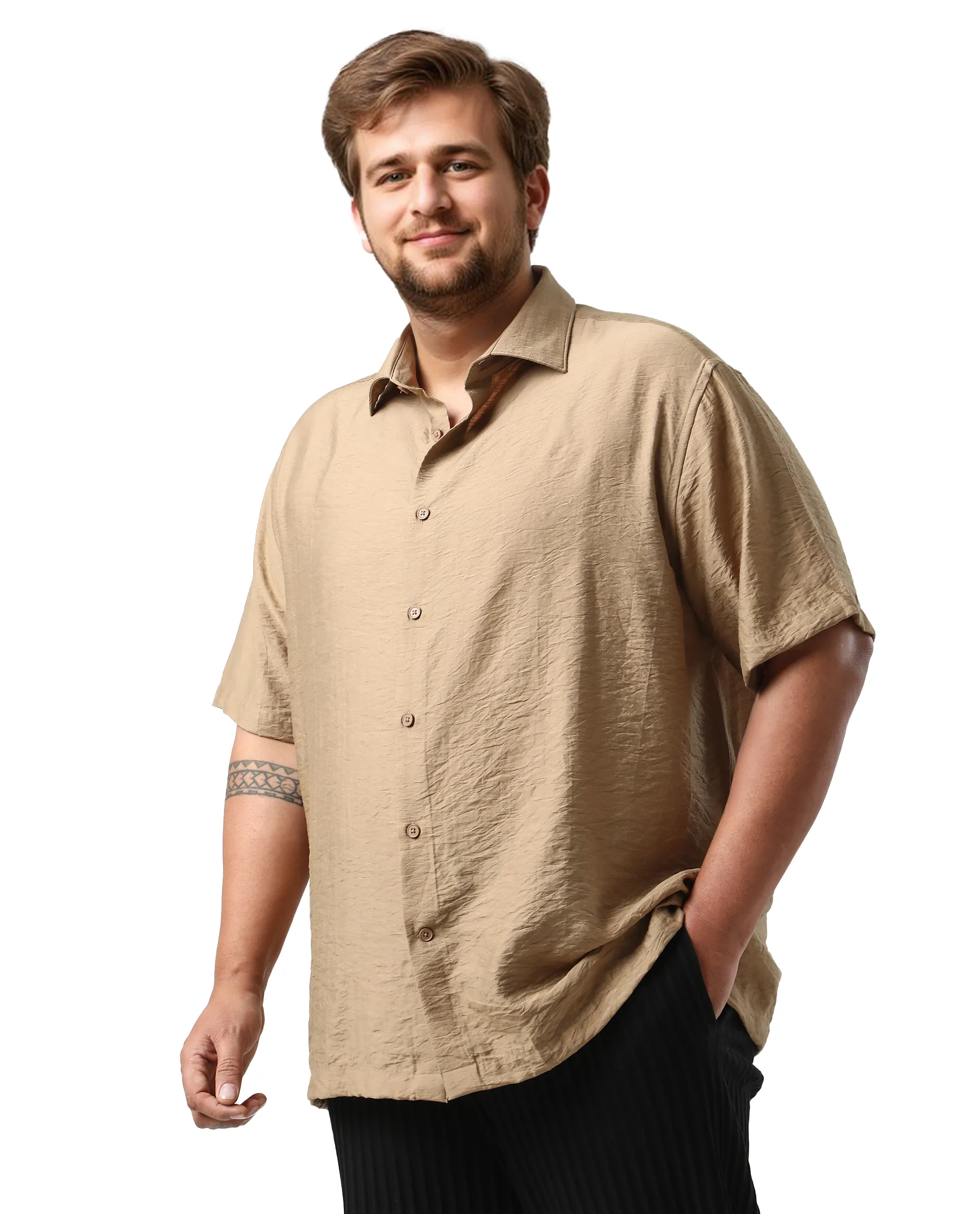 Rare Rabbit Men Torin Big Pastel Brown Viscose Blend Fabric Half Sleeve Spread Collar Button Closure Plain Shirt - Image 4
