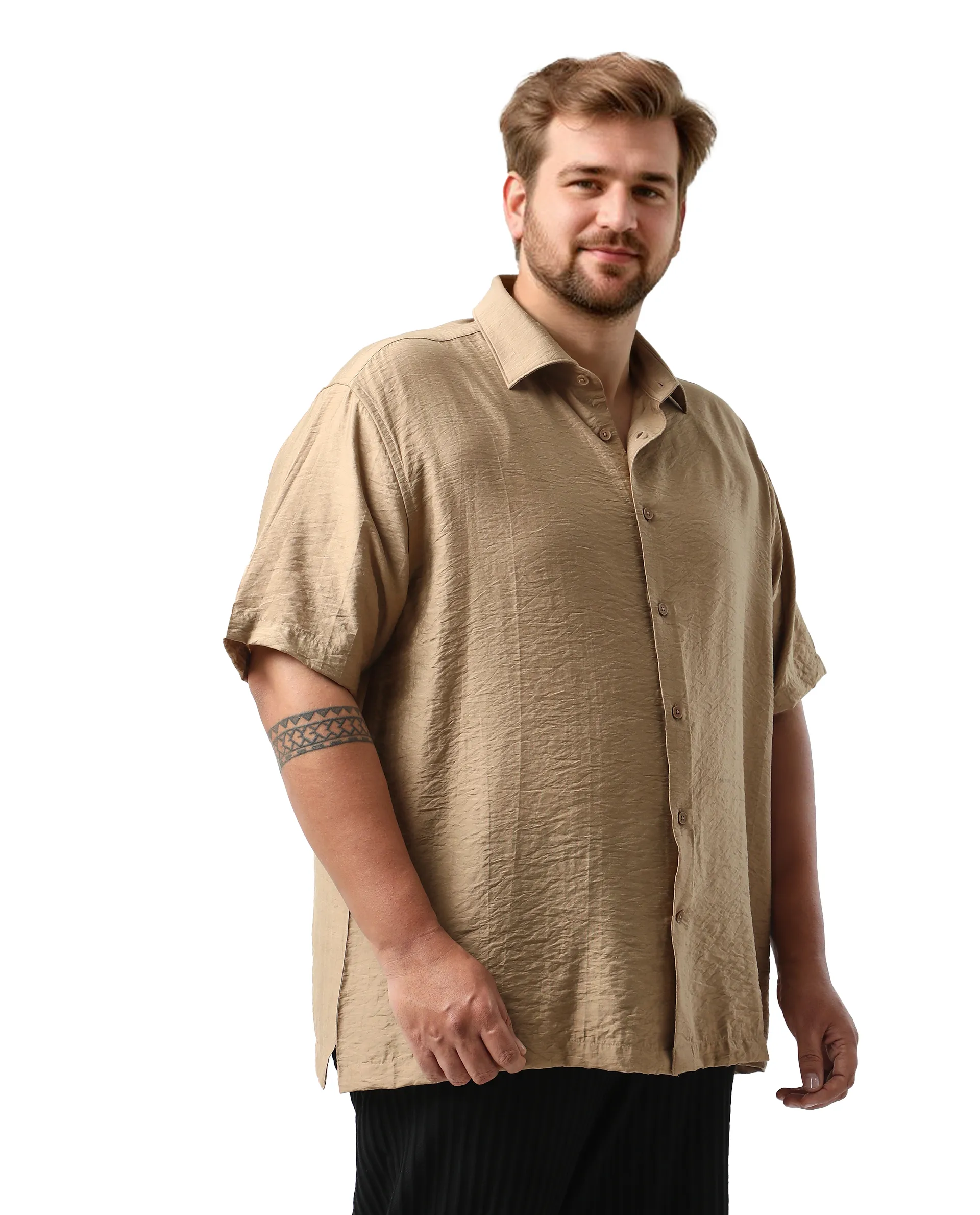 Rare Rabbit Men Torin Big Pastel Brown Viscose Blend Fabric Half Sleeve Spread Collar Button Closure Plain Shirt - Image 5
