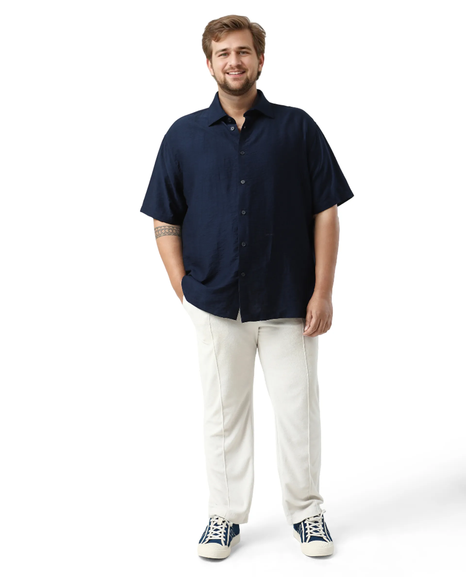 Rare Rabbit Men Torin Big Pastel Navy Viscose Blend Fabric Half Sleeve Spread Collar Button Closure Plain Shirt - Image 2