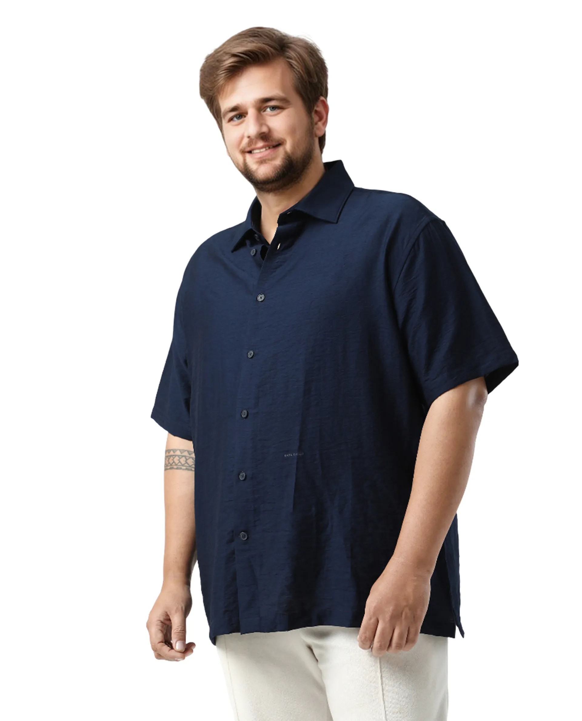 Rare Rabbit Men Torin Big Pastel Navy Viscose Blend Fabric Half Sleeve Spread Collar Button Closure Plain Shirt - Image 4