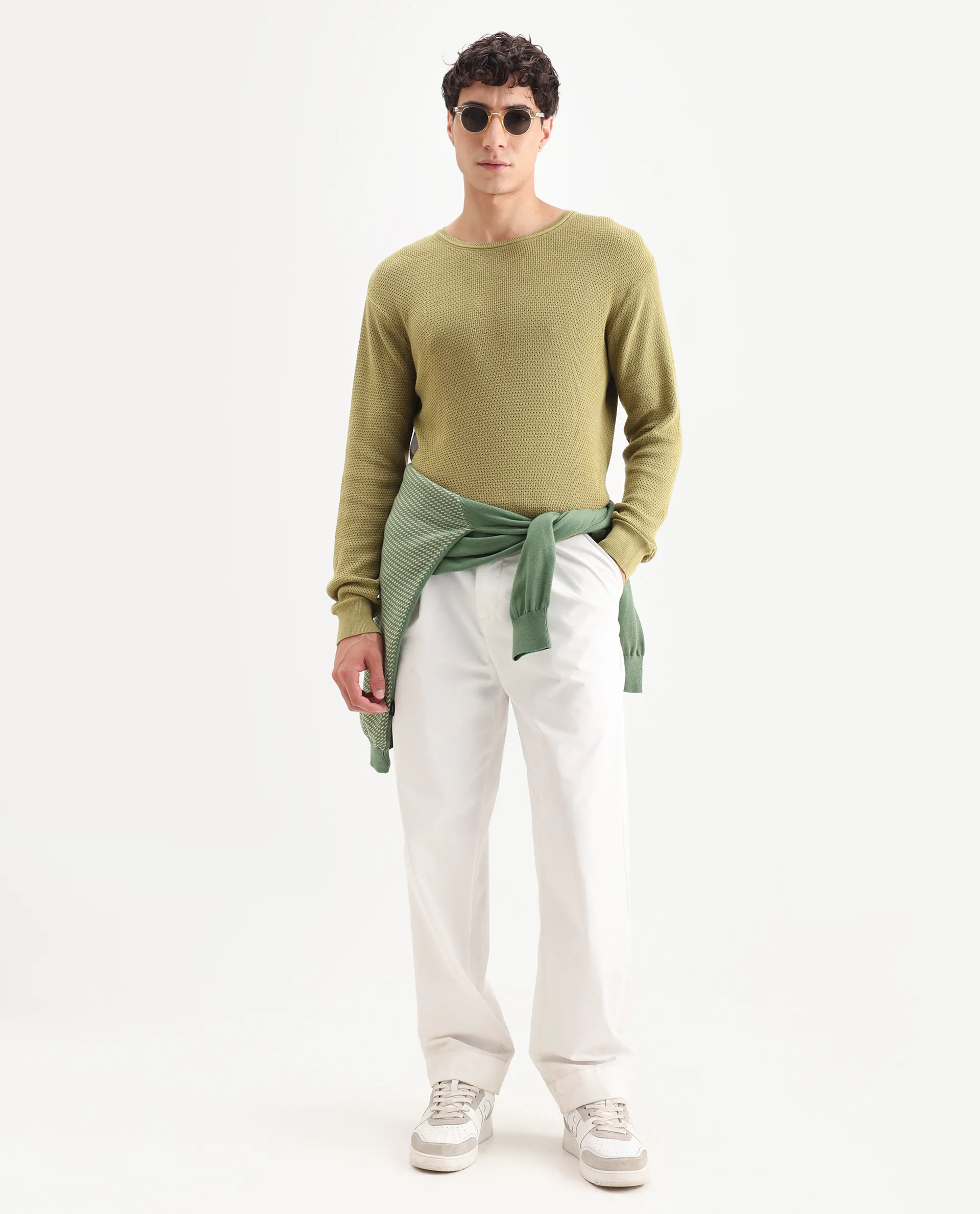 Rare Rabbit Men's Torino Green Cotton Plain Regular Fit Full Sleeve Crew Neck Sweater - Image 2