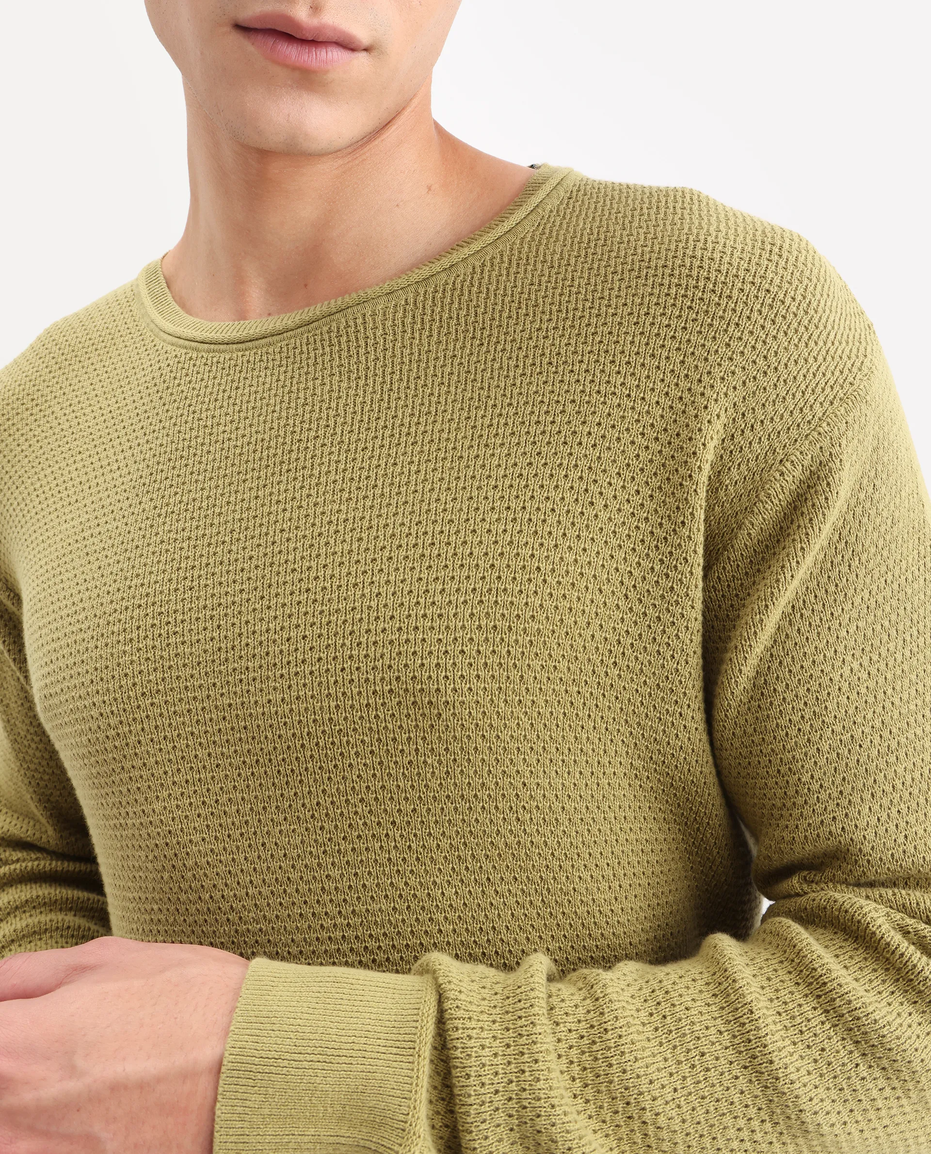 Rare Rabbit Men's Torino Green Cotton Plain Regular Fit Full Sleeve Crew Neck Sweater - Image 3