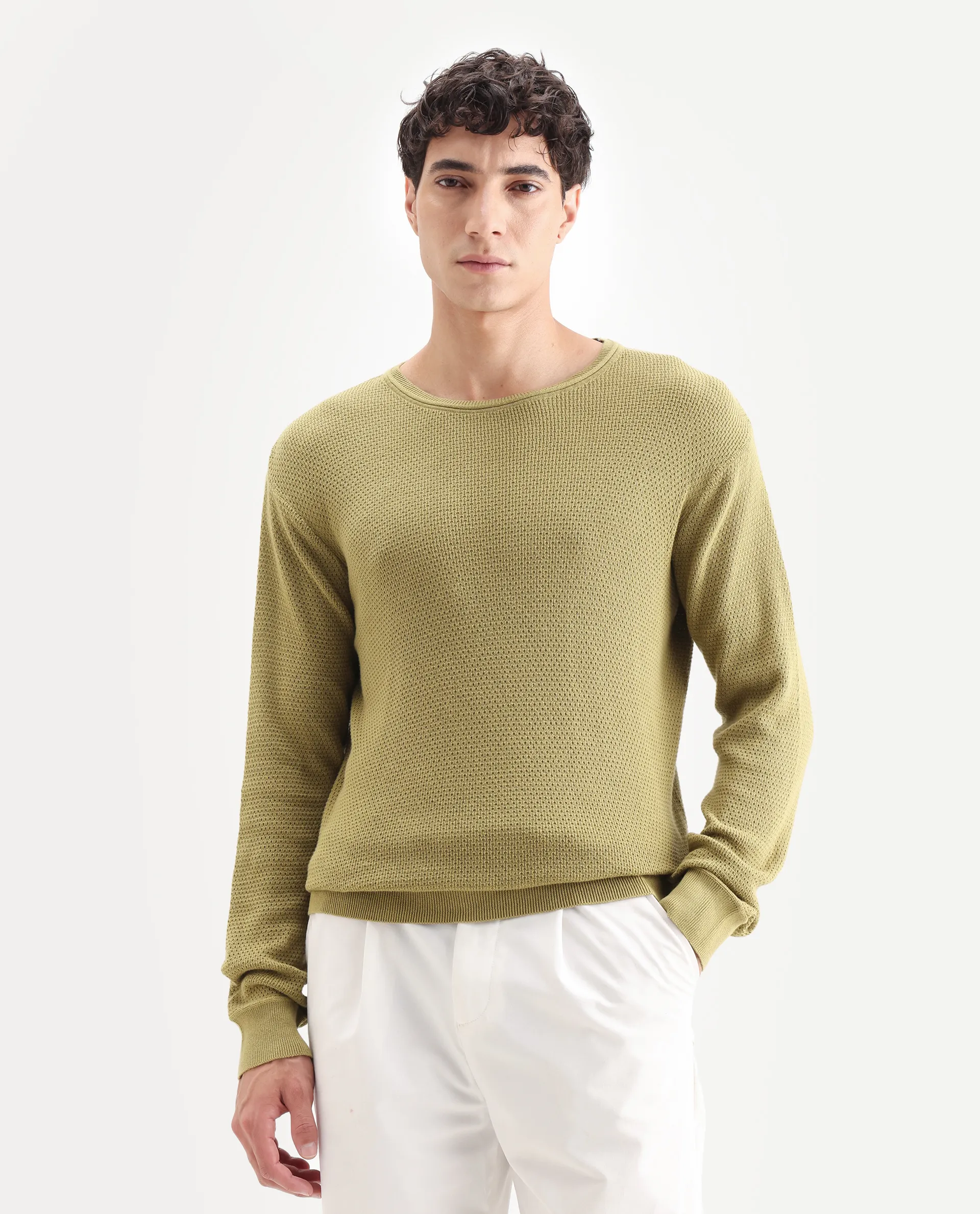 Rare Rabbit Men's Torino Green Cotton Plain Regular Fit Full Sleeve Crew Neck Sweater - Image 4