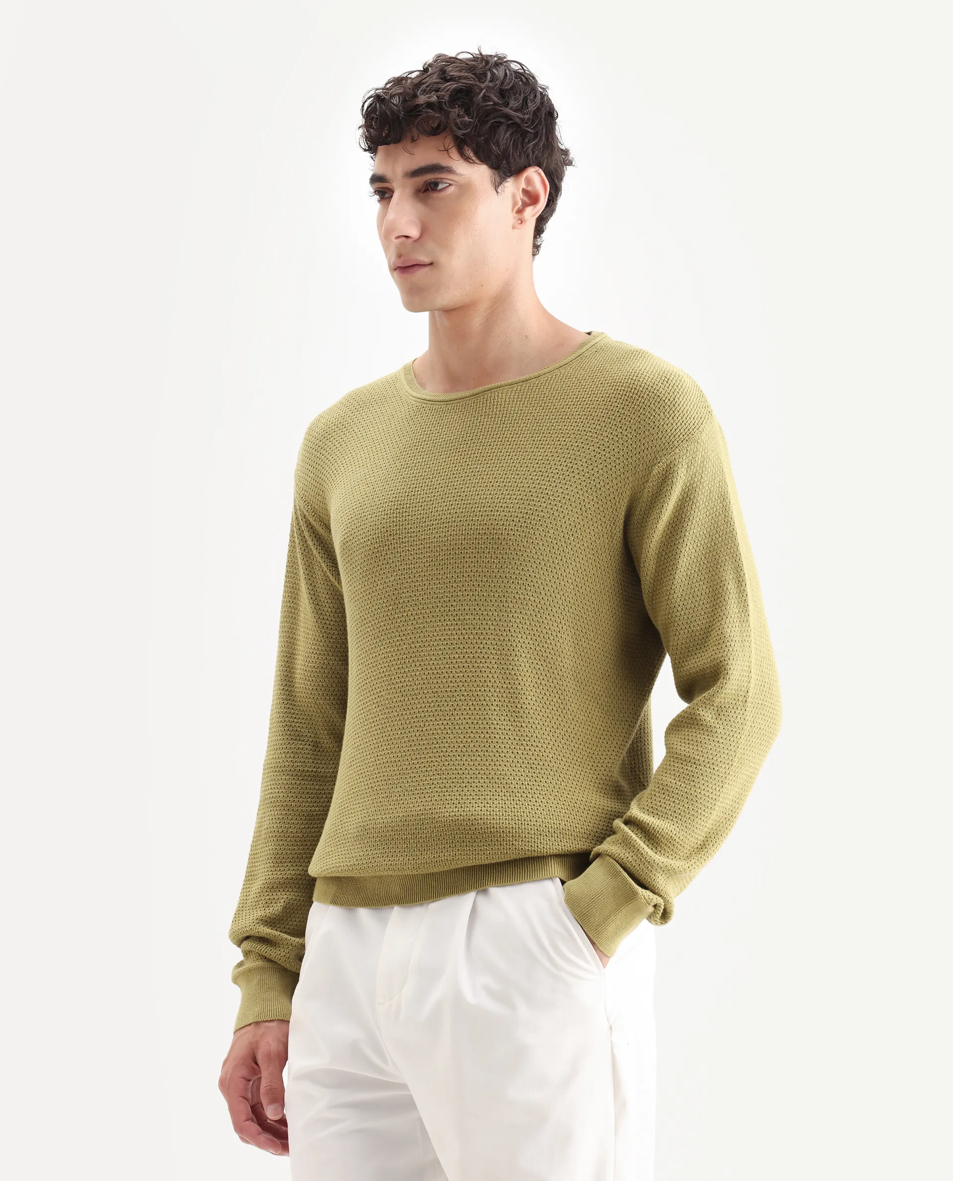 Rare Rabbit Men's Torino Green Cotton Plain Regular Fit Full Sleeve Crew Neck Sweater - Image 5