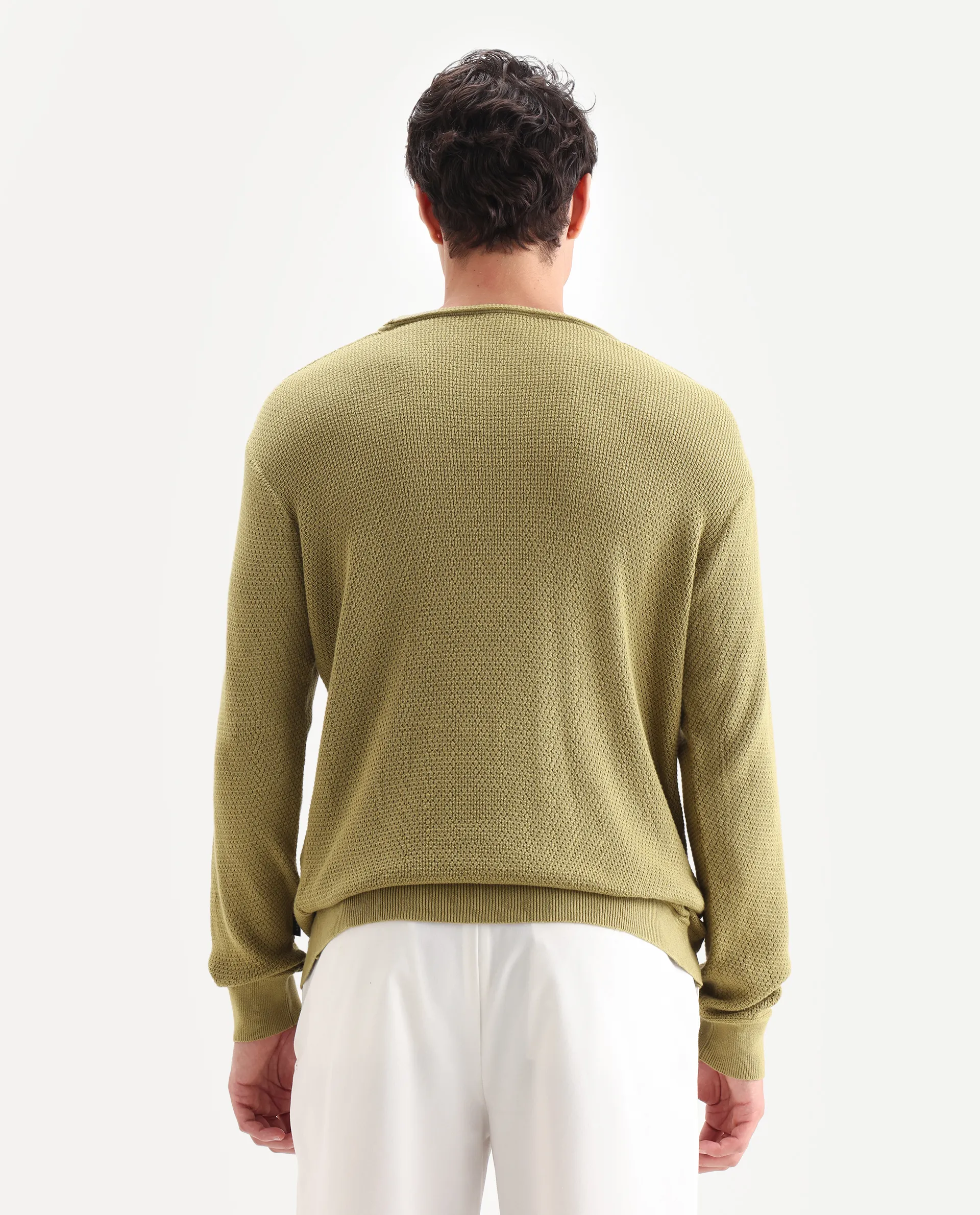 Rare Rabbit Men's Torino Green Cotton Plain Regular Fit Full Sleeve Crew Neck Sweater - Image 7