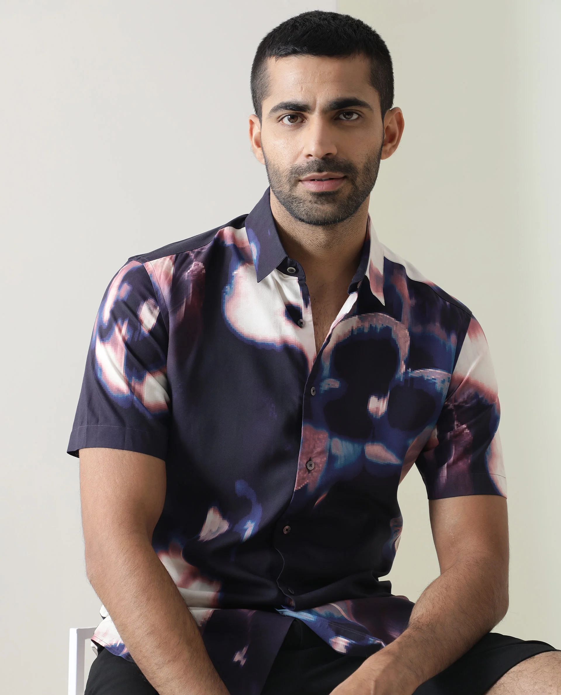 Rare Rabbit Men's Torio Navy Viscose Abstract Print Regular Fit Half Sleeve Collared Shirt