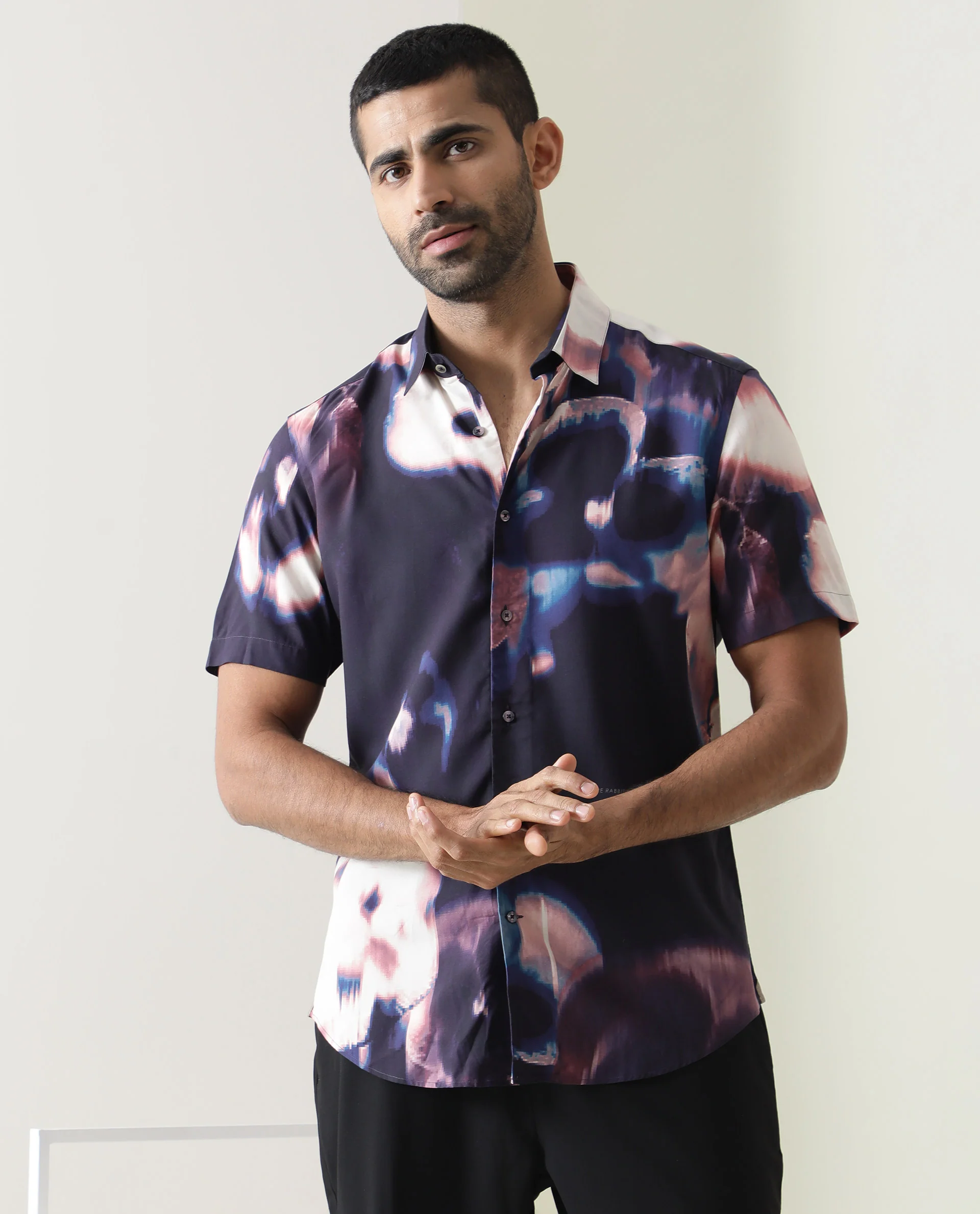 Rare Rabbit Men's Torio Navy Viscose Abstract Print Regular Fit Half Sleeve Collared Shirt - Image 2