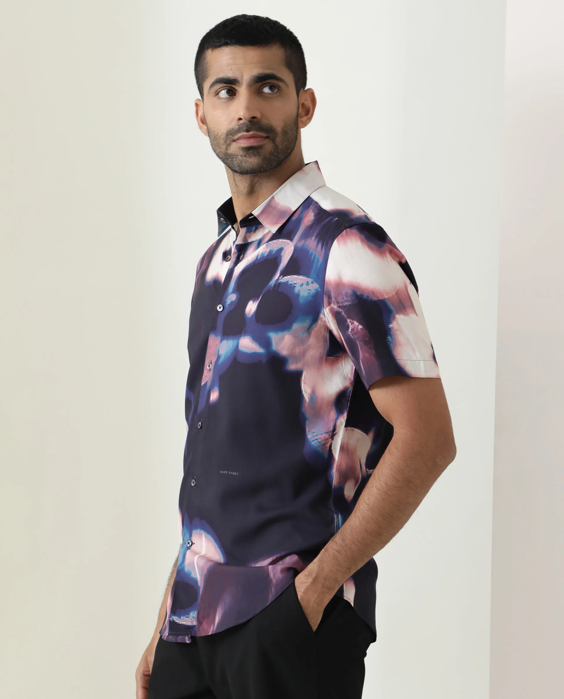 Rare Rabbit Men's Torio Navy Viscose Abstract Print Regular Fit Half Sleeve Collared Shirt - Image 3