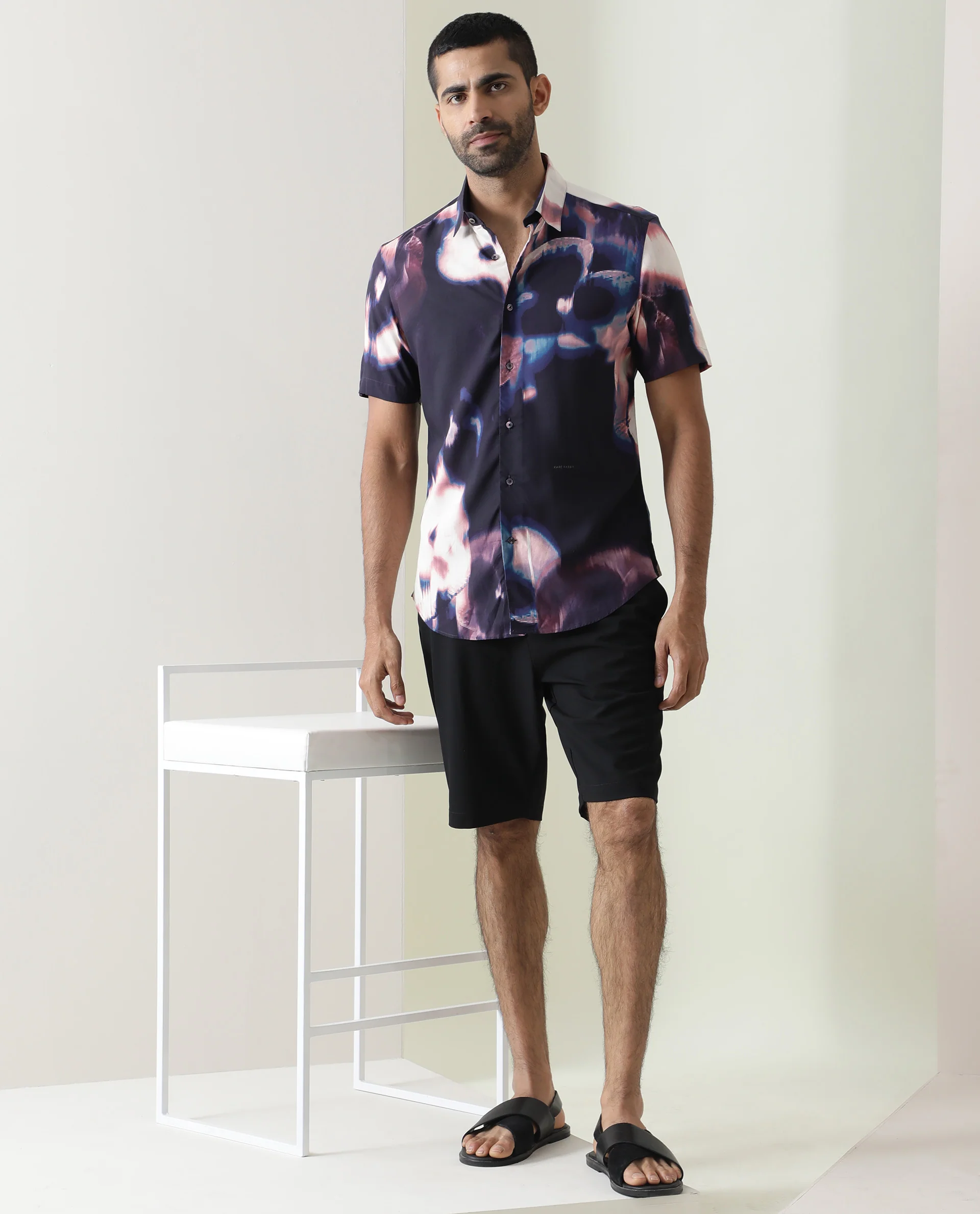 Rare Rabbit Men's Torio Navy Viscose Abstract Print Regular Fit Half Sleeve Collared Shirt - Image 4