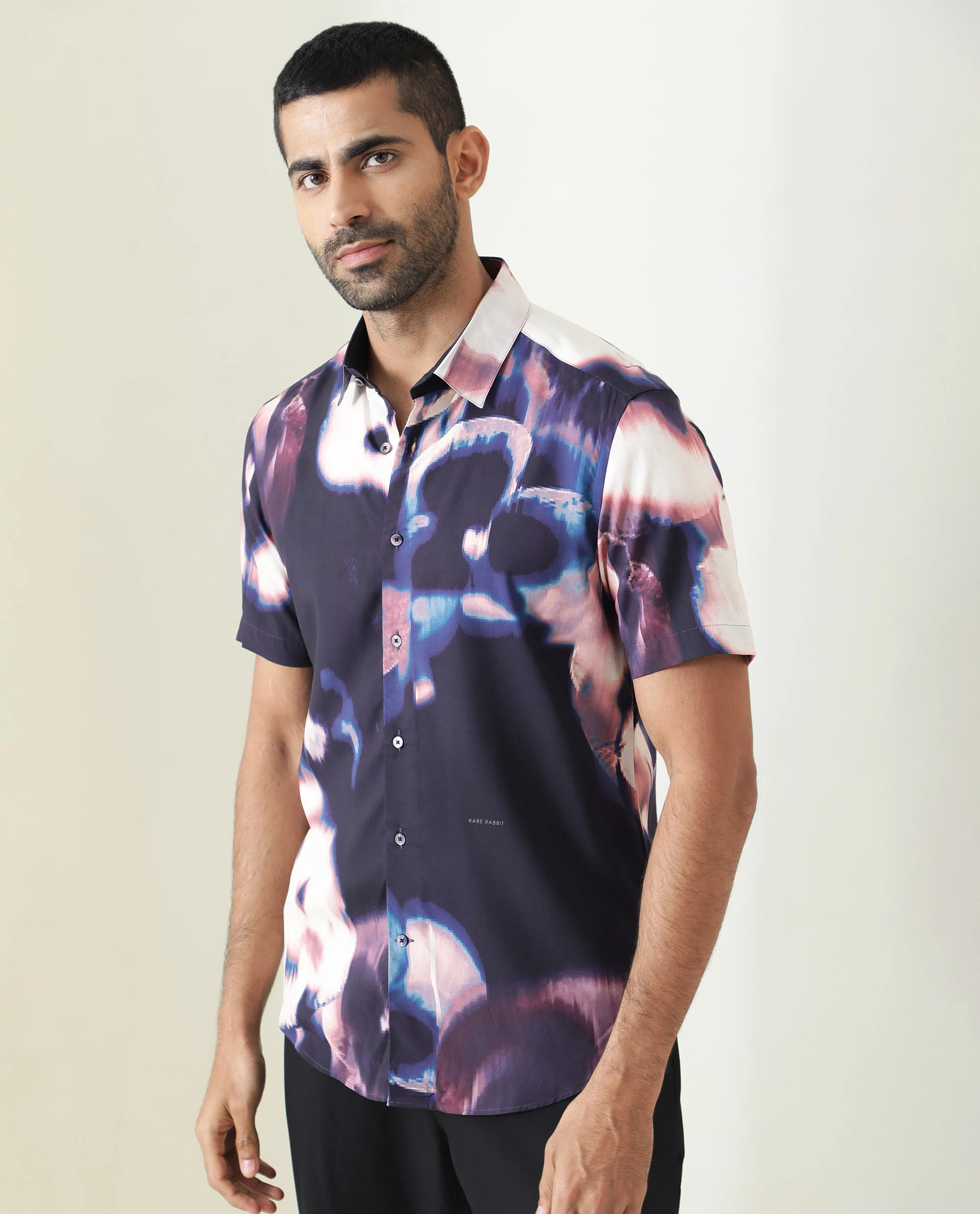 Rare Rabbit Men's Torio Navy Viscose Abstract Print Regular Fit Half Sleeve Collared Shirt - Image 5