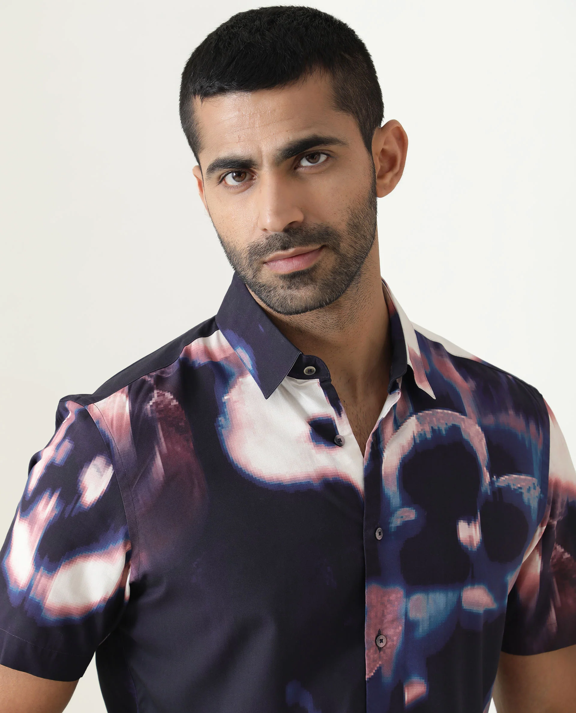 Rare Rabbit Men's Torio Navy Viscose Abstract Print Regular Fit Half Sleeve Collared Shirt - Image 6