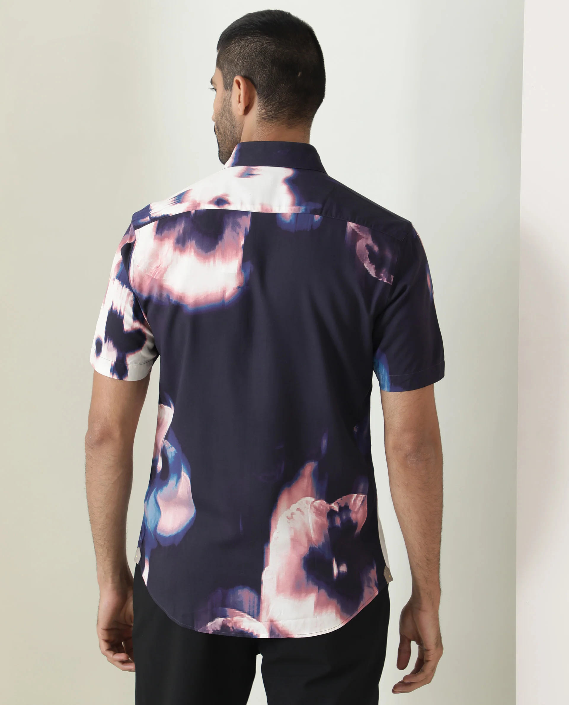 Rare Rabbit Men's Torio Navy Viscose Abstract Print Regular Fit Half Sleeve Collared Shirt - Image 7
