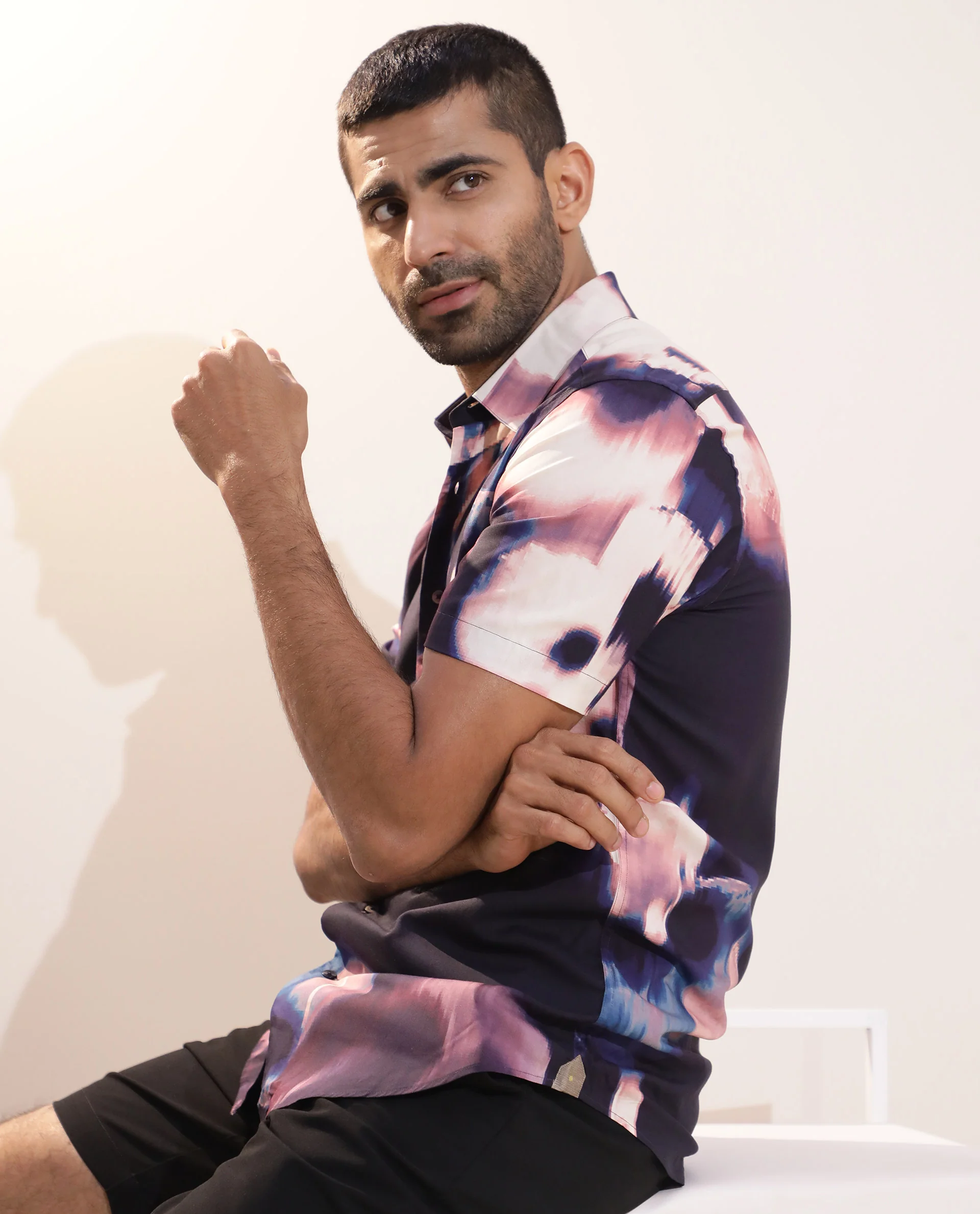 Rare Rabbit Men's Torio Navy Viscose Abstract Print Regular Fit Half Sleeve Collared Shirt - Image 8