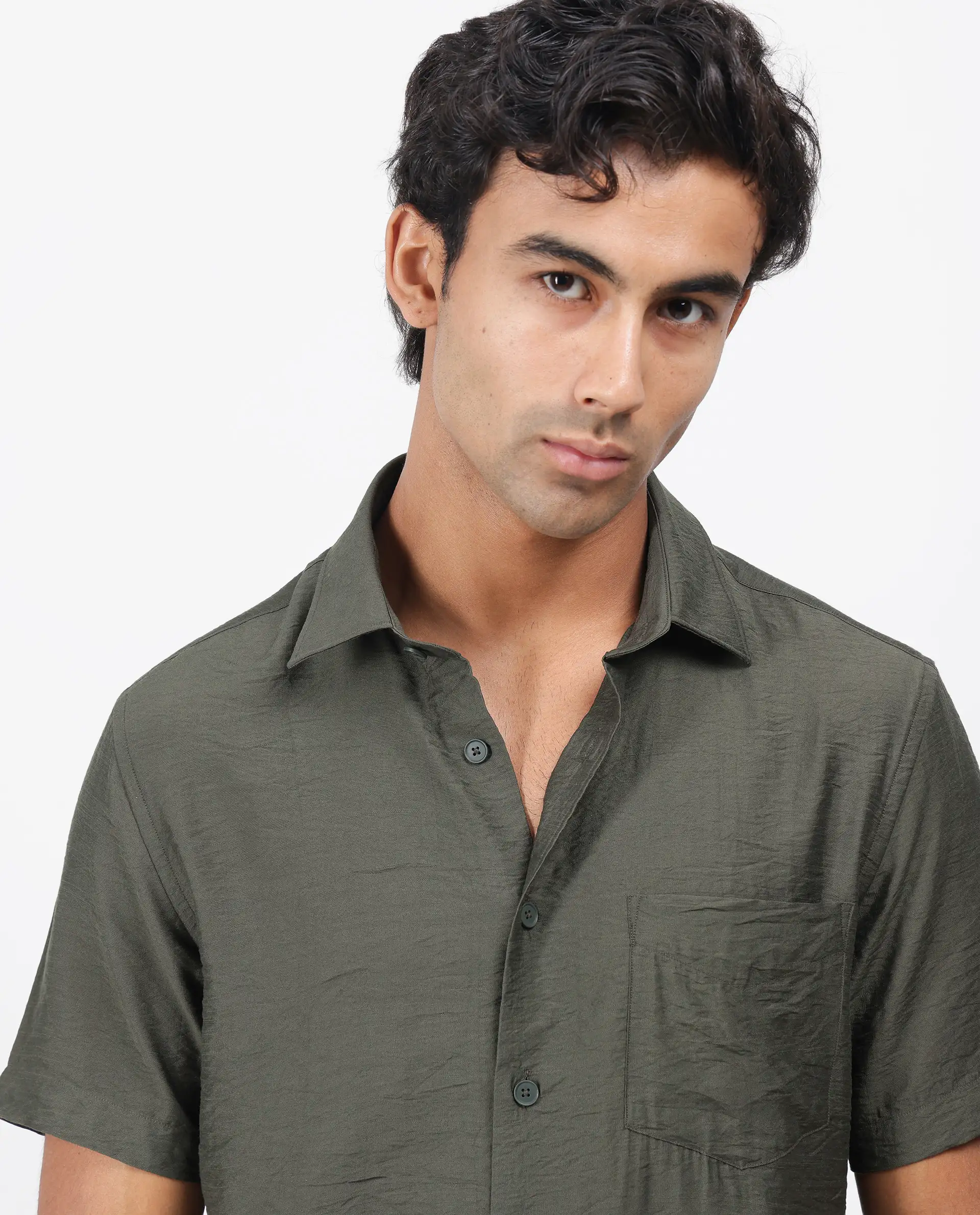 Rare Rabbit Men's Torit Dark Olive Viscose Blend Plain Regular Fit Half Sleeve Collared Shirt - Image 2