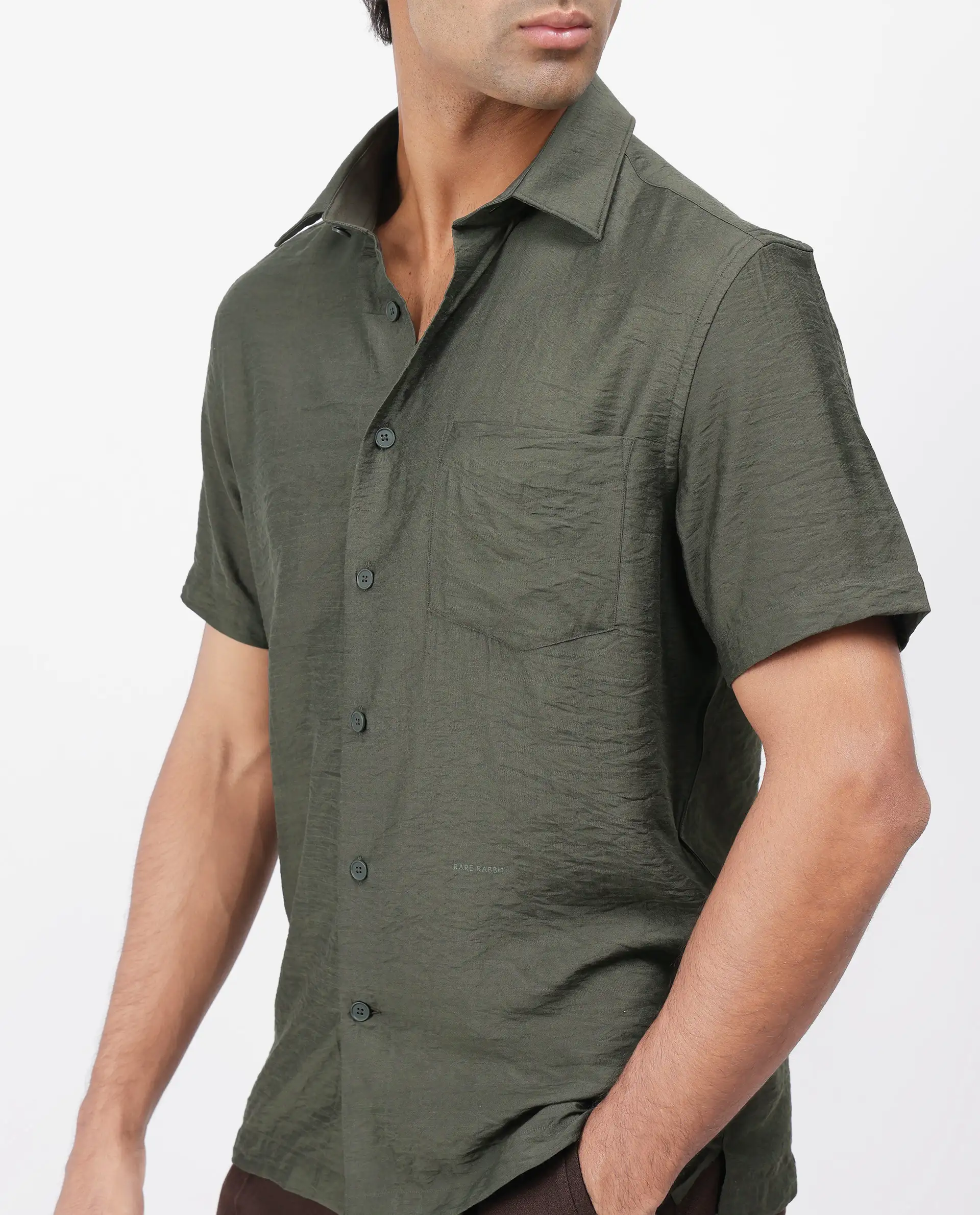 Rare Rabbit Men's Torit Dark Olive Viscose Blend Plain Regular Fit Half Sleeve Collared Shirt - Image 3