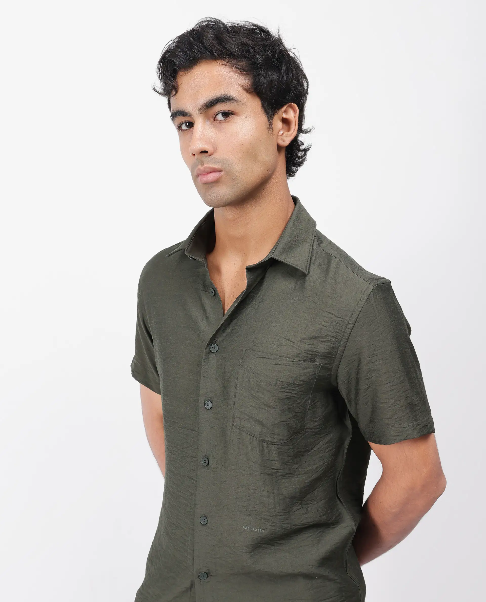 Rare Rabbit Men's Torit Dark Olive Viscose Blend Plain Regular Fit Half Sleeve Collared Shirt - Image 4