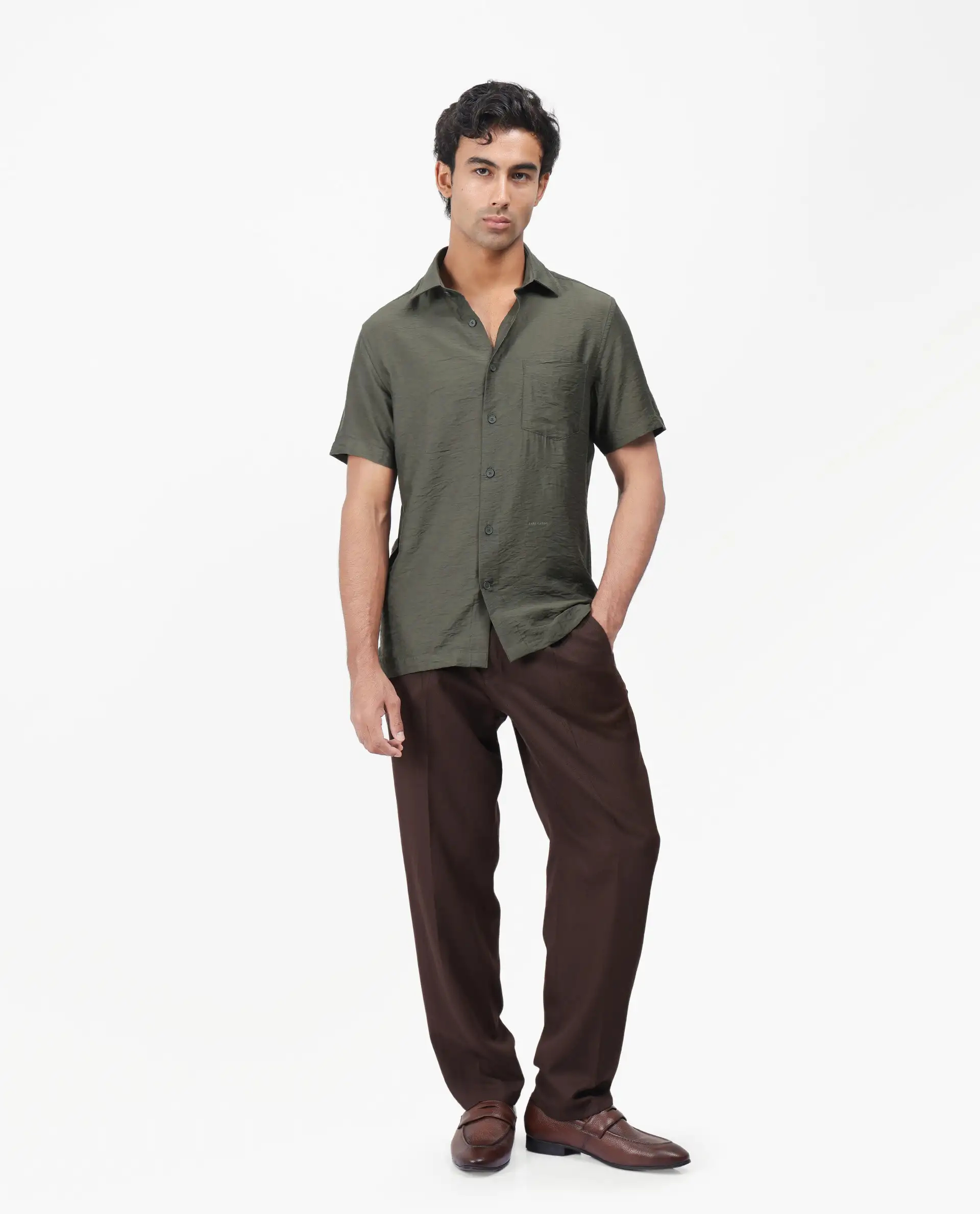 Rare Rabbit Men's Torit Dark Olive Viscose Blend Plain Regular Fit Half Sleeve Collared Shirt - Image 5