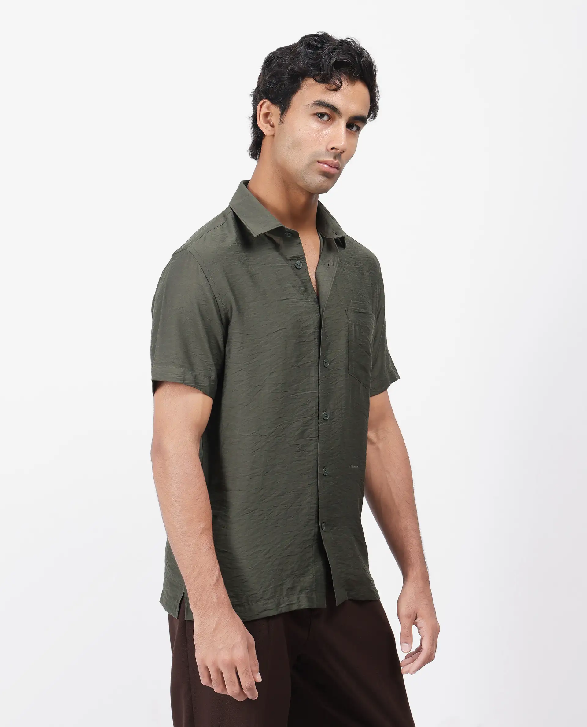 Rare Rabbit Men's Torit Dark Olive Viscose Blend Plain Regular Fit Half Sleeve Collared Shirt - Image 6