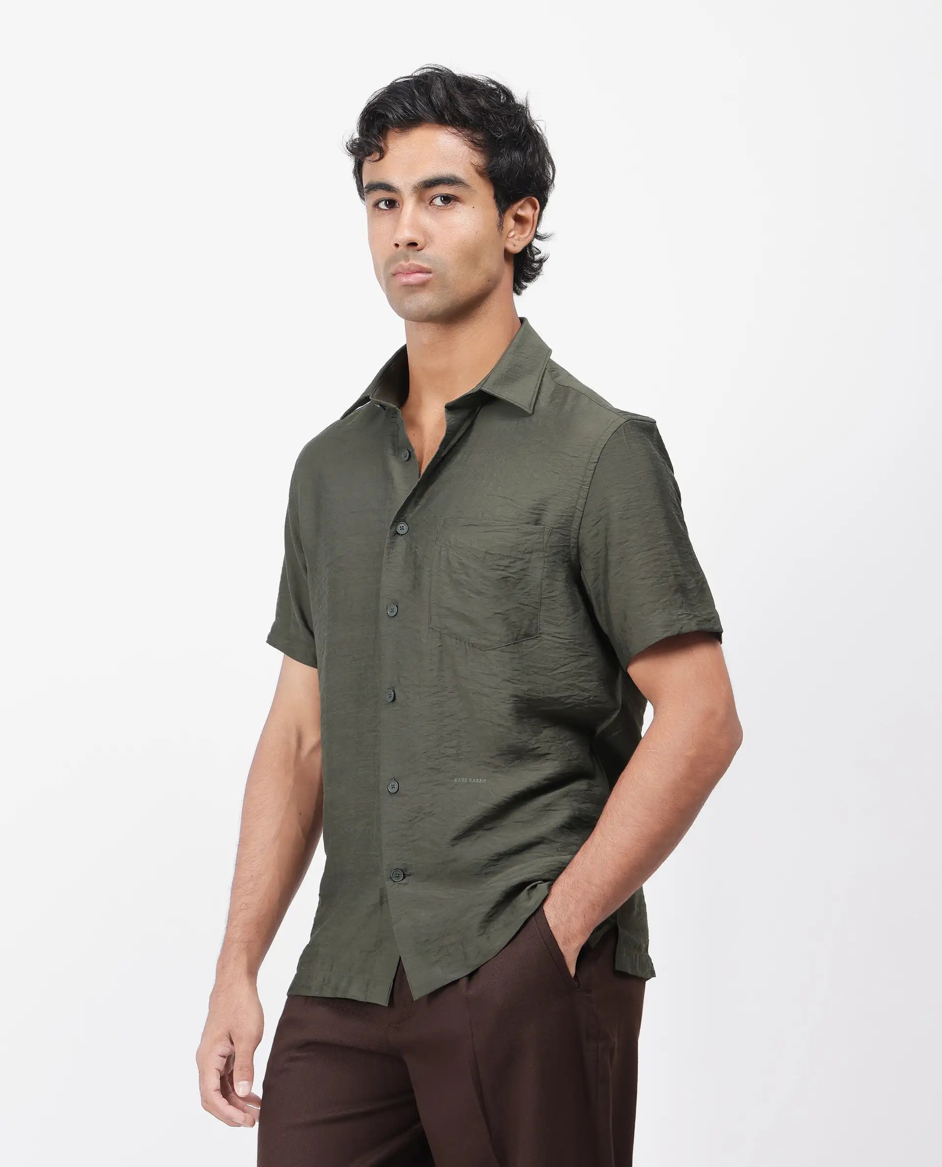 Rare Rabbit Men's Torit Dark Olive Viscose Blend Plain Regular Fit Half Sleeve Collared Shirt - Image 7