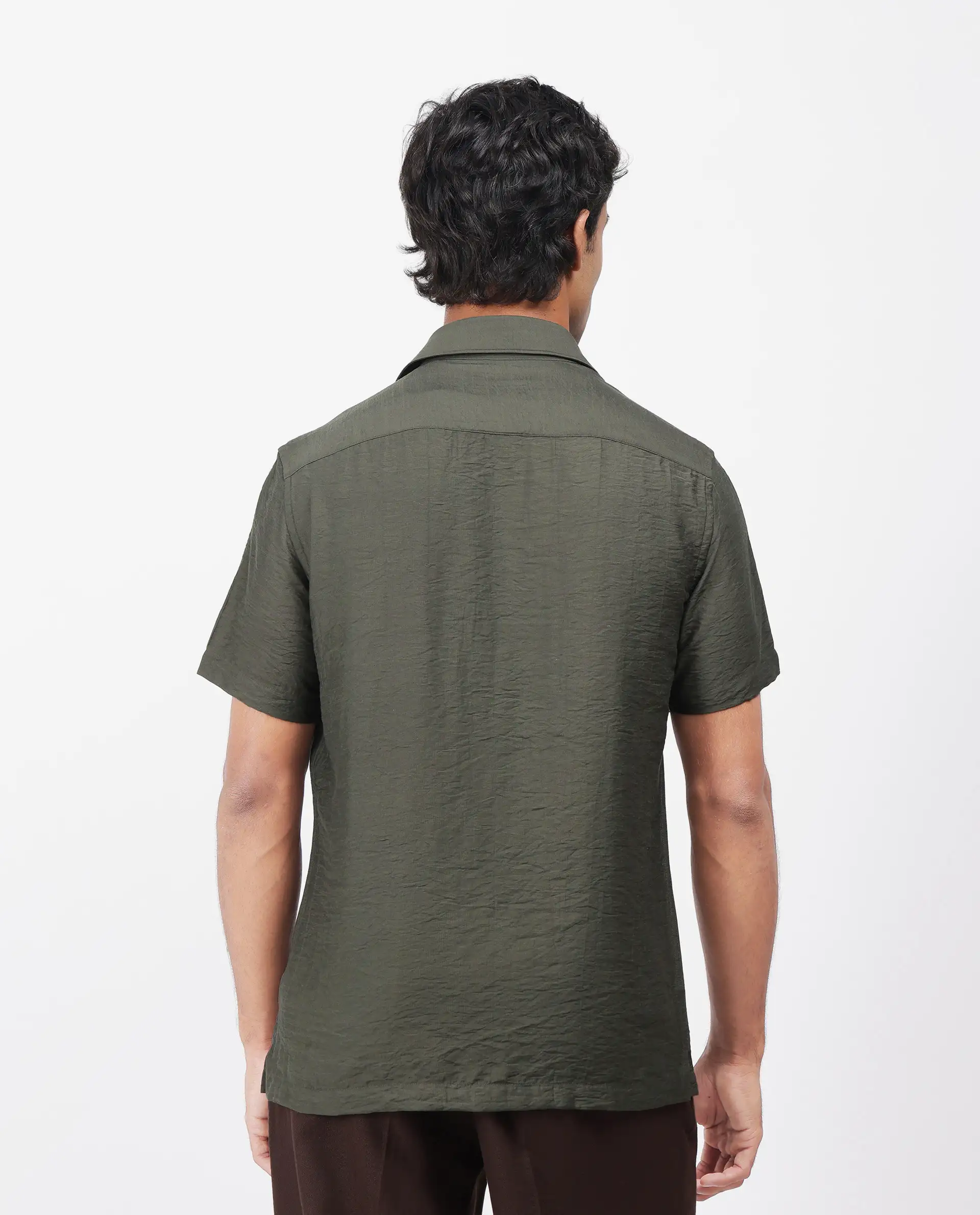 Rare Rabbit Men's Torit Dark Olive Viscose Blend Plain Regular Fit Half Sleeve Collared Shirt - Image 8