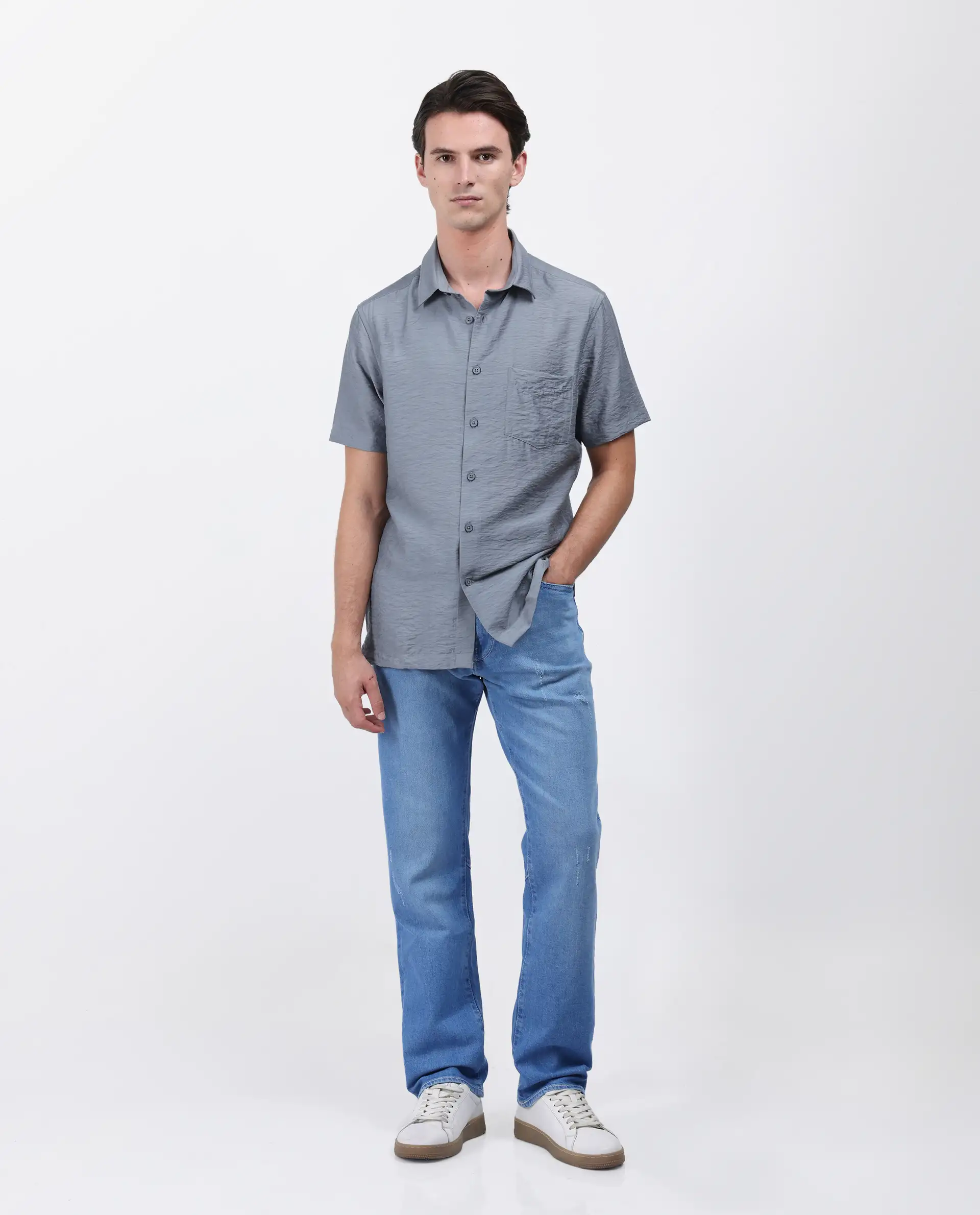 Rare Rabbit Men's Torit Dusky Blue Viscose Blend Plain Regular Fit Half Sleeve Collared Shirt - Image 2