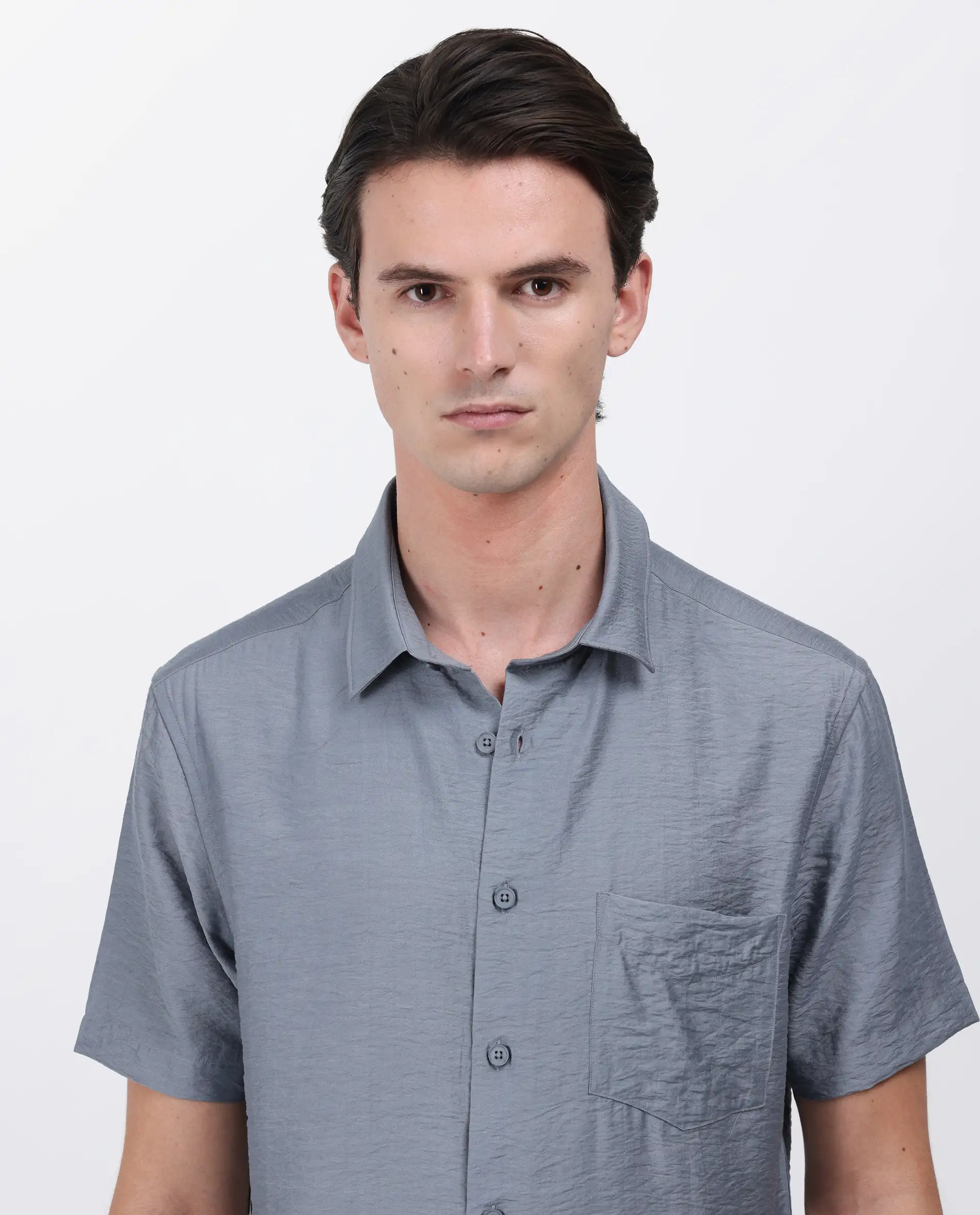 Rare Rabbit Men's Torit Dusky Blue Viscose Blend Plain Regular Fit Half Sleeve Collared Shirt - Image 3