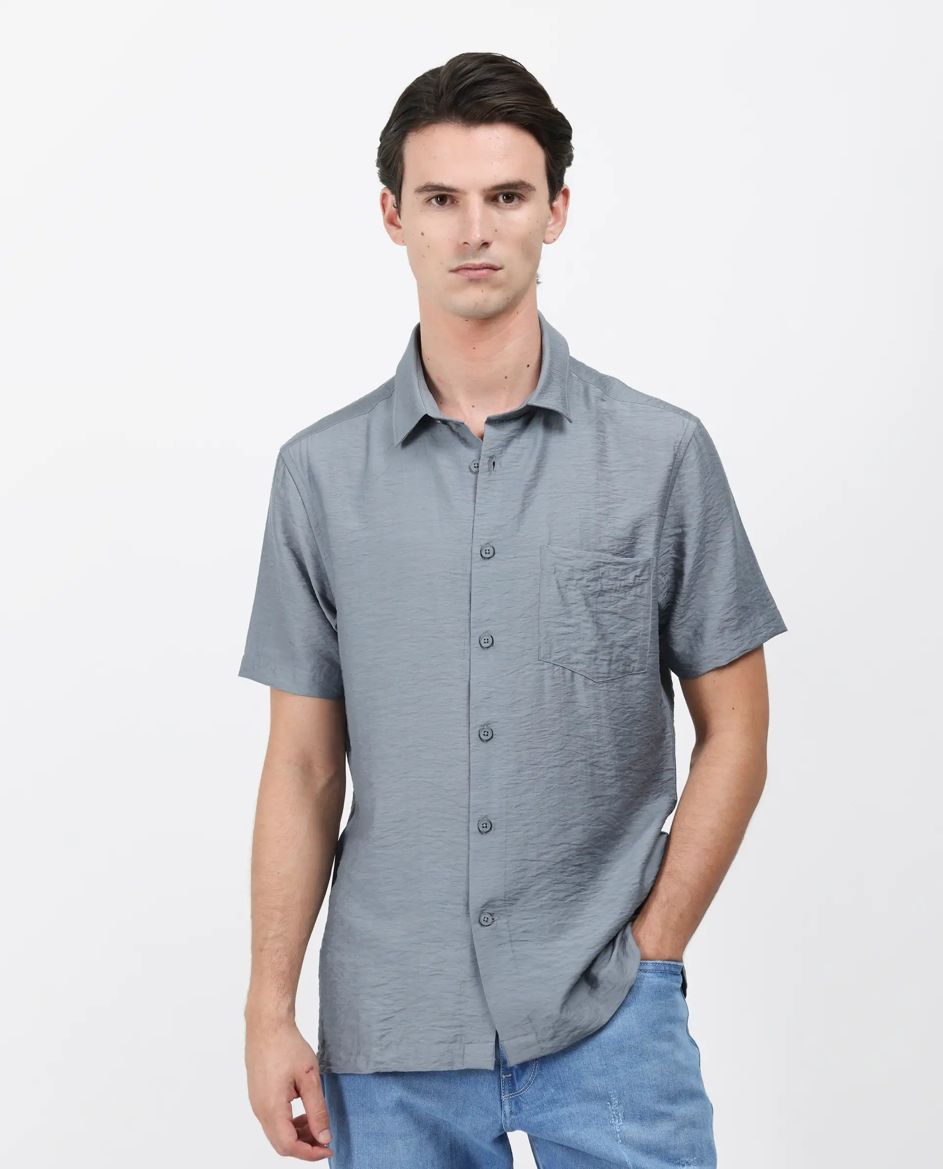 Rare Rabbit Men's Torit Dusky Blue Viscose Blend Plain Regular Fit Half Sleeve Collared Shirt - Image 4