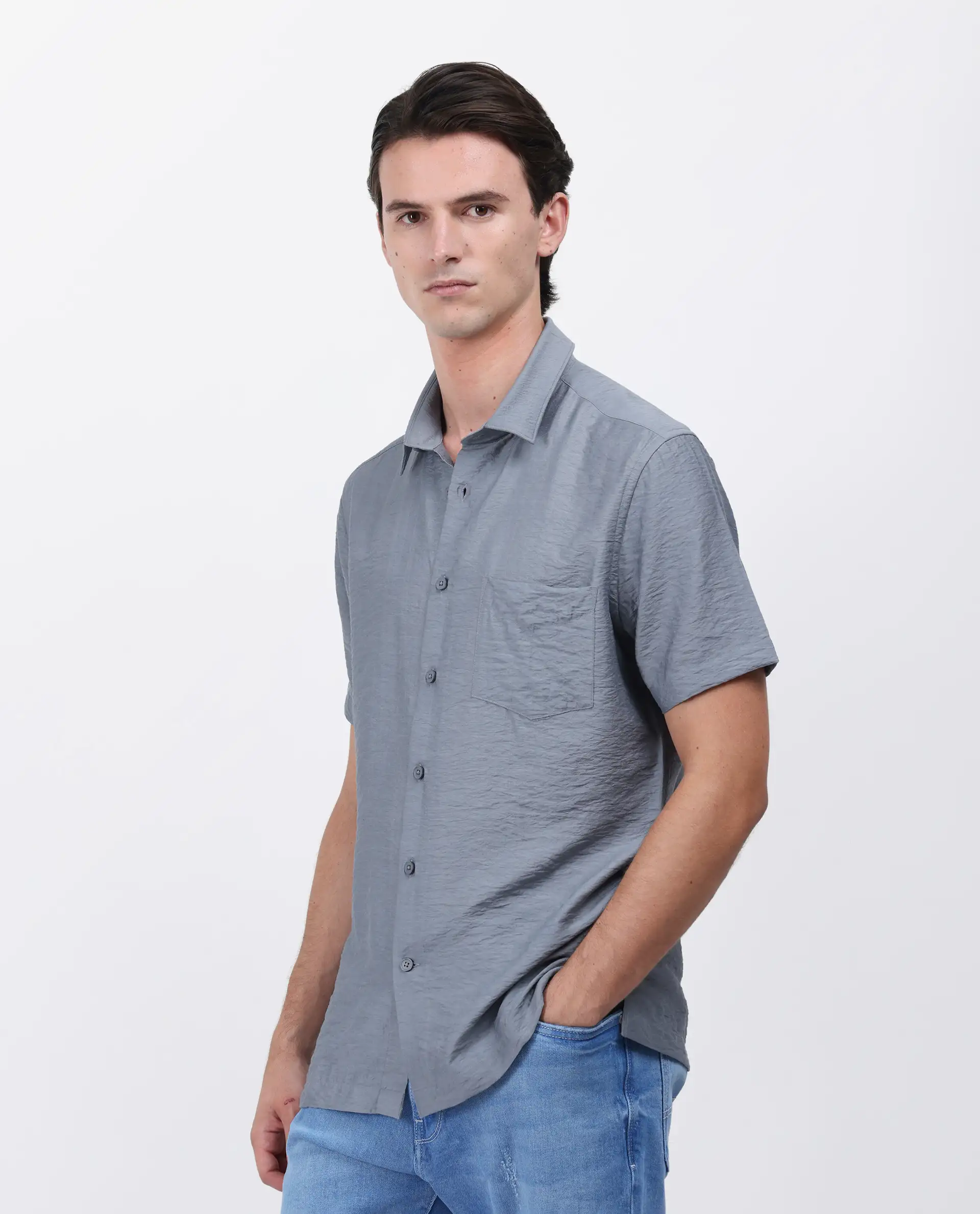 Rare Rabbit Men's Torit Dusky Blue Viscose Blend Plain Regular Fit Half Sleeve Collared Shirt - Image 5