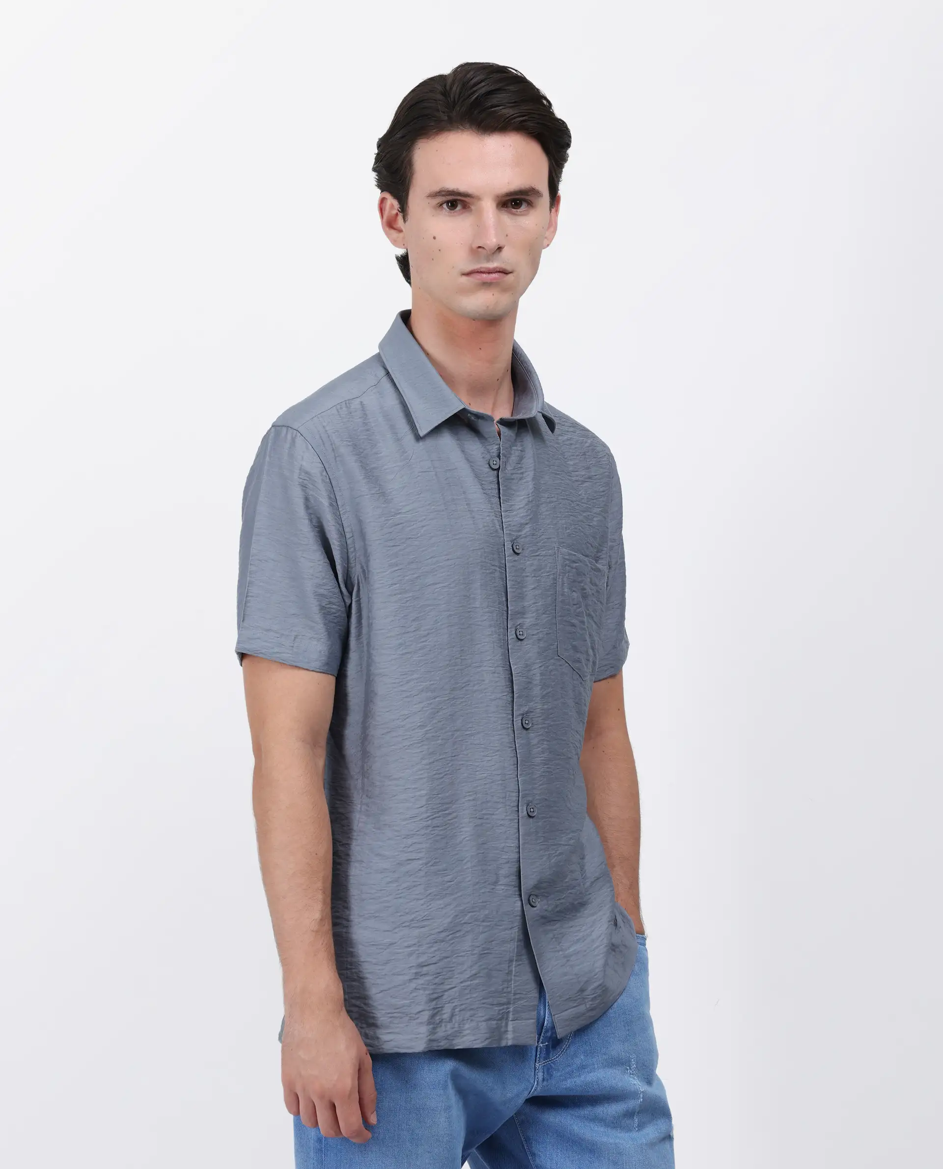 Rare Rabbit Men's Torit Dusky Blue Viscose Blend Plain Regular Fit Half Sleeve Collared Shirt - Image 6