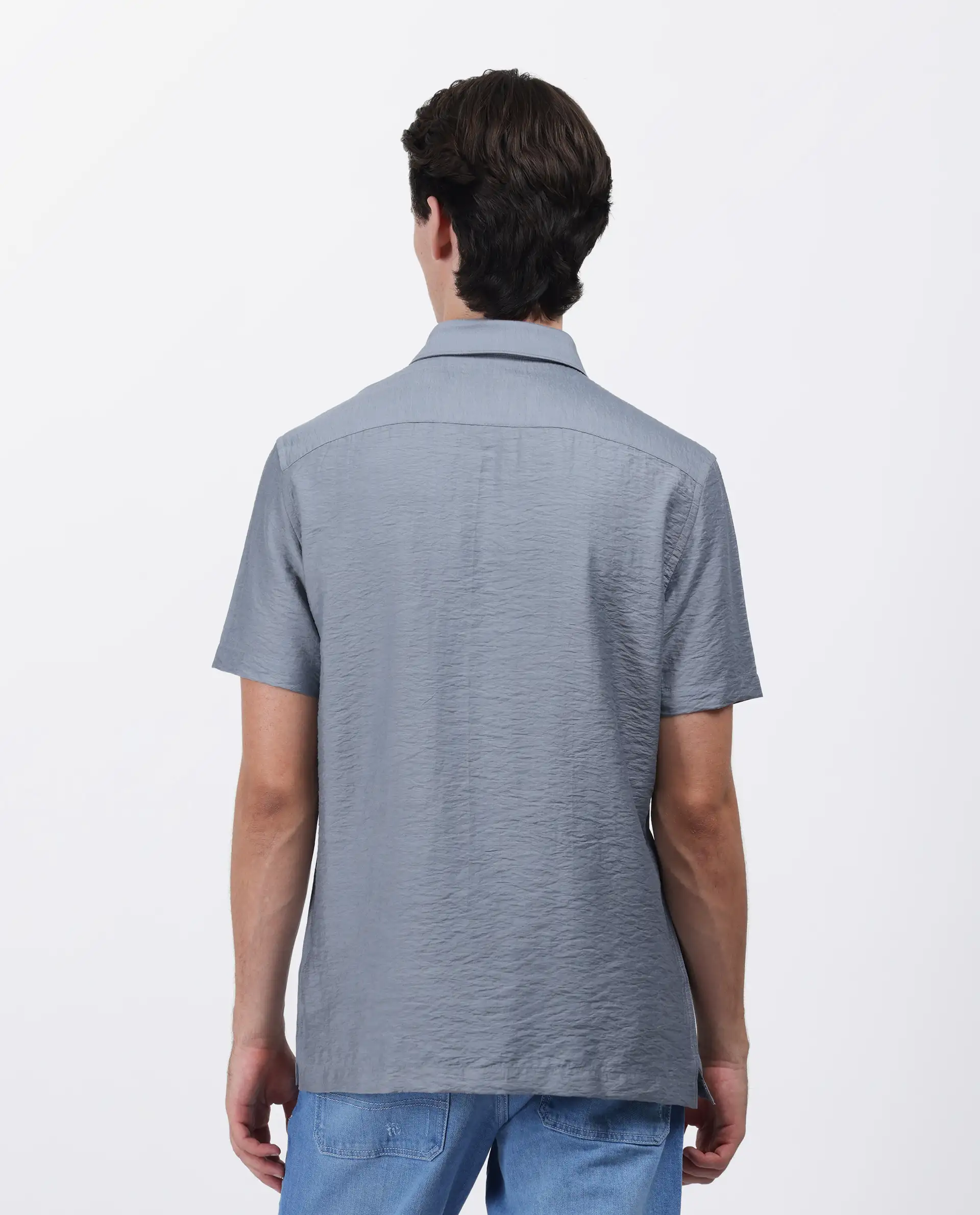 Rare Rabbit Men's Torit Dusky Blue Viscose Blend Plain Regular Fit Half Sleeve Collared Shirt - Image 8