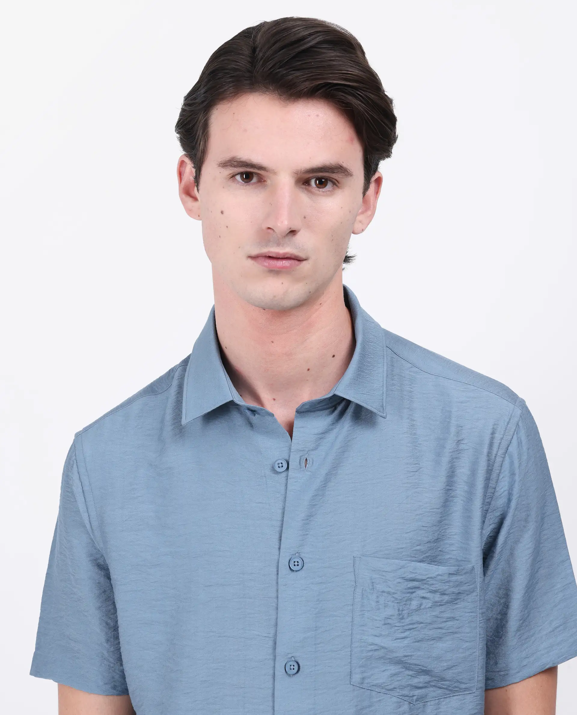 Rare Rabbit Men's Torit Light Blue Viscose Blend Plain Regular Fit Half Sleeve Collared Shirt - Image 2
