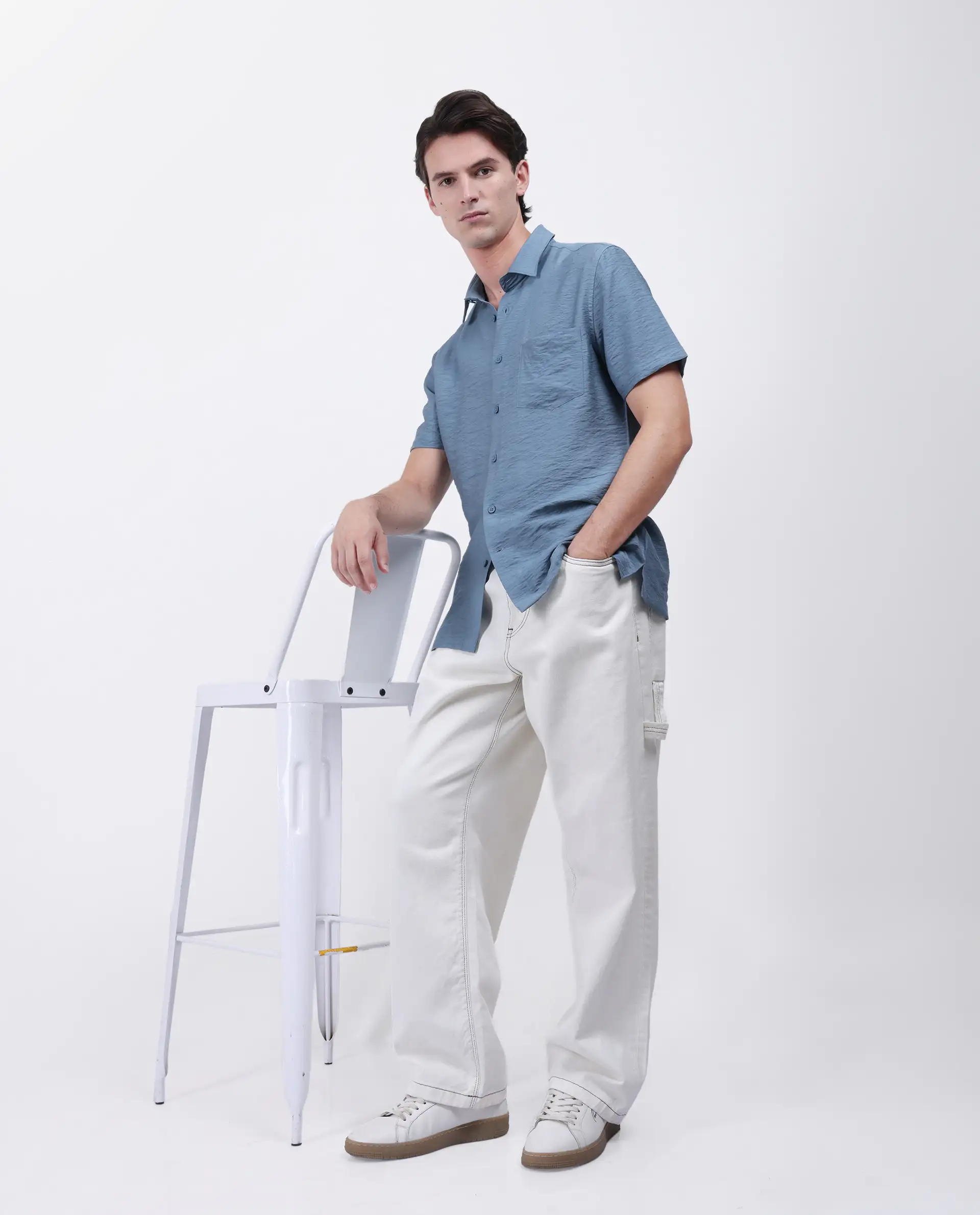 Rare Rabbit Men's Torit Light Blue Viscose Blend Plain Regular Fit Half Sleeve Collared Shirt - Image 3