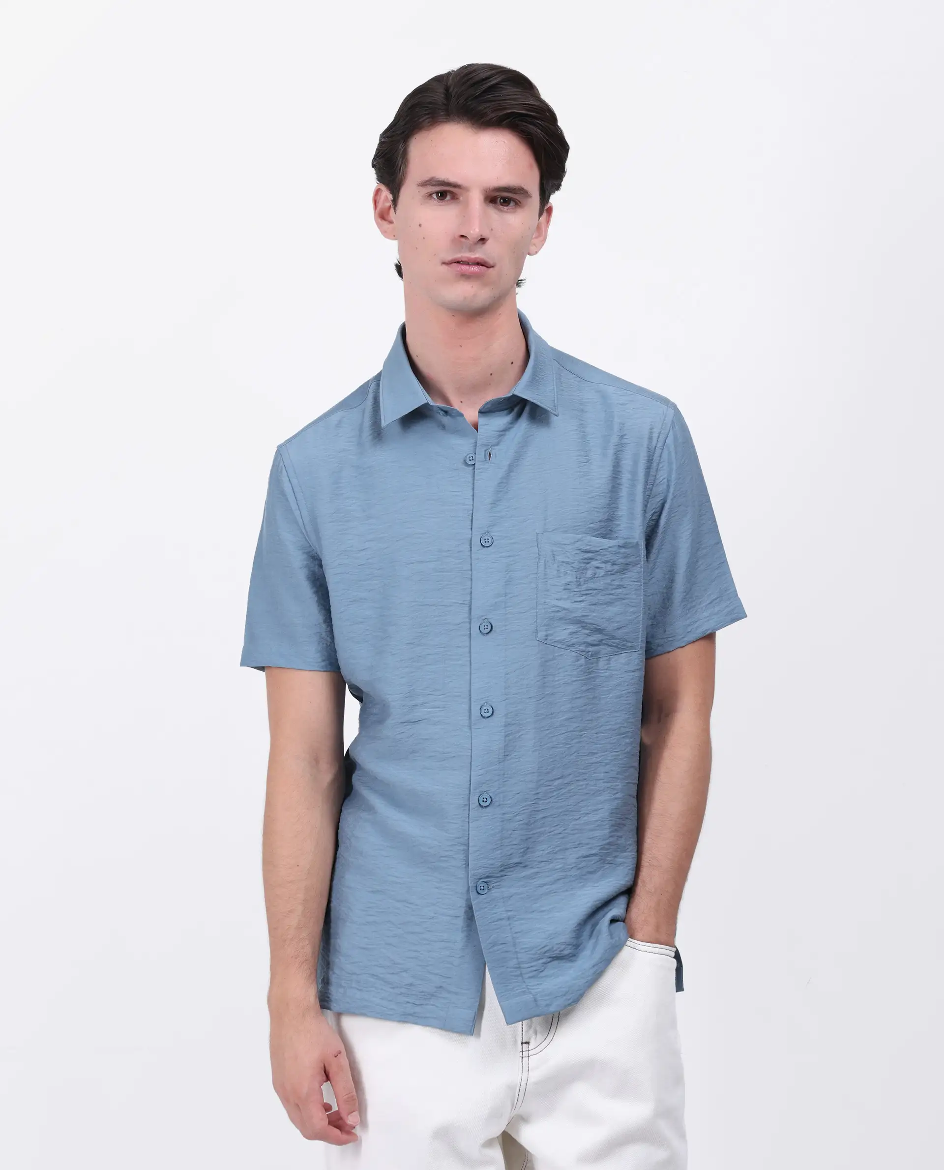 Rare Rabbit Men's Torit Light Blue Viscose Blend Plain Regular Fit Half Sleeve Collared Shirt - Image 4