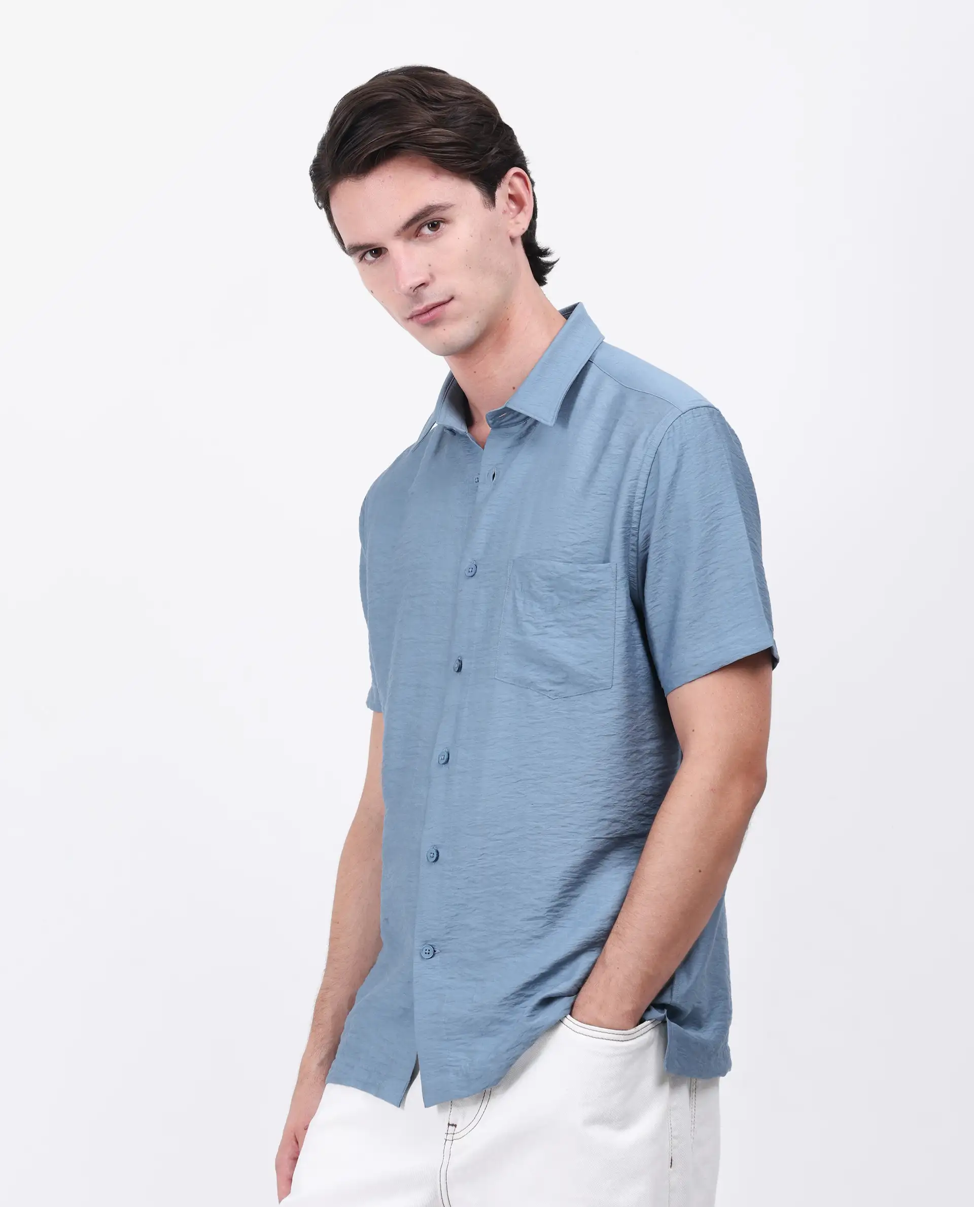 Rare Rabbit Men's Torit Light Blue Viscose Blend Plain Regular Fit Half Sleeve Collared Shirt - Image 5