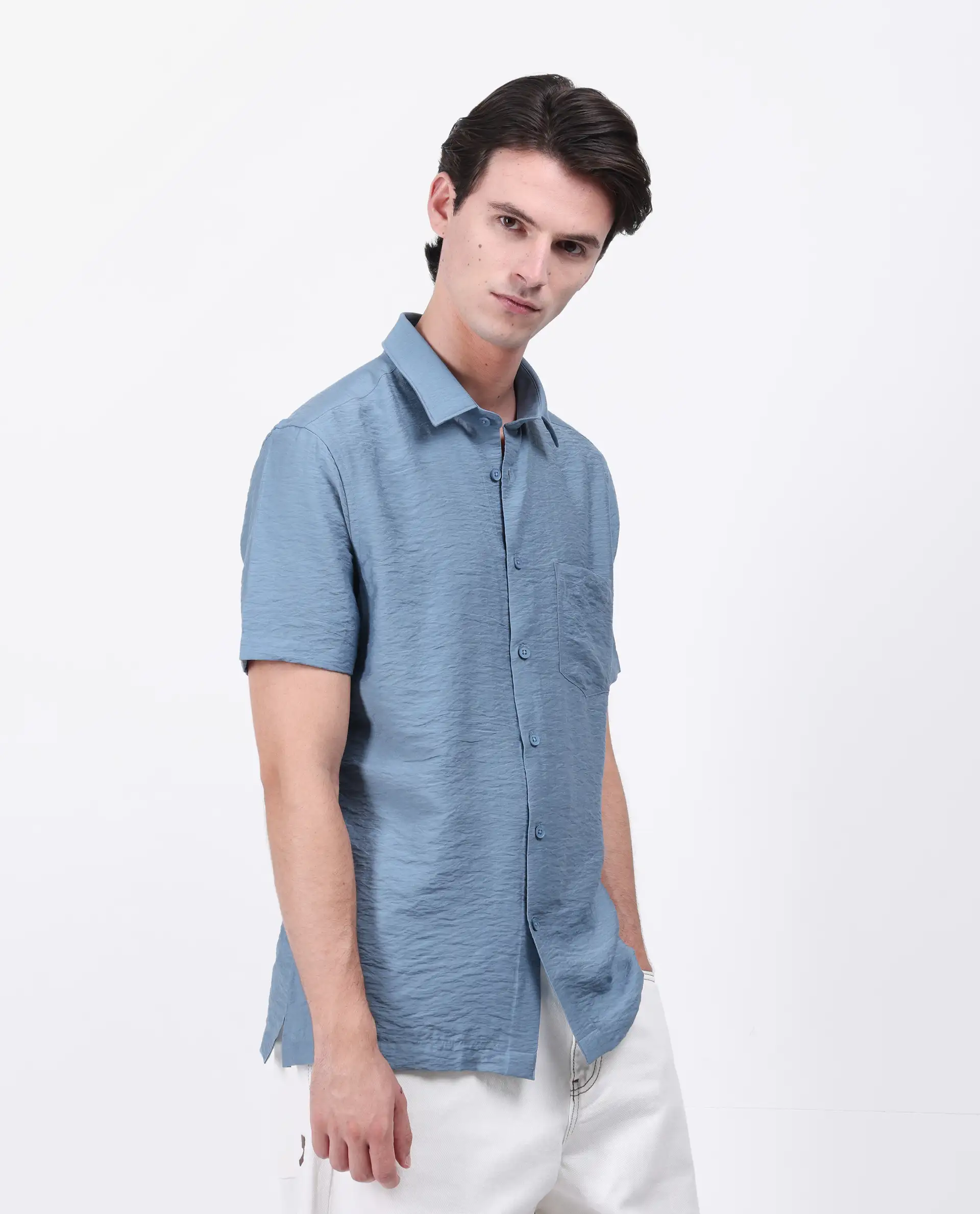 Rare Rabbit Men's Torit Light Blue Viscose Blend Plain Regular Fit Half Sleeve Collared Shirt - Image 6